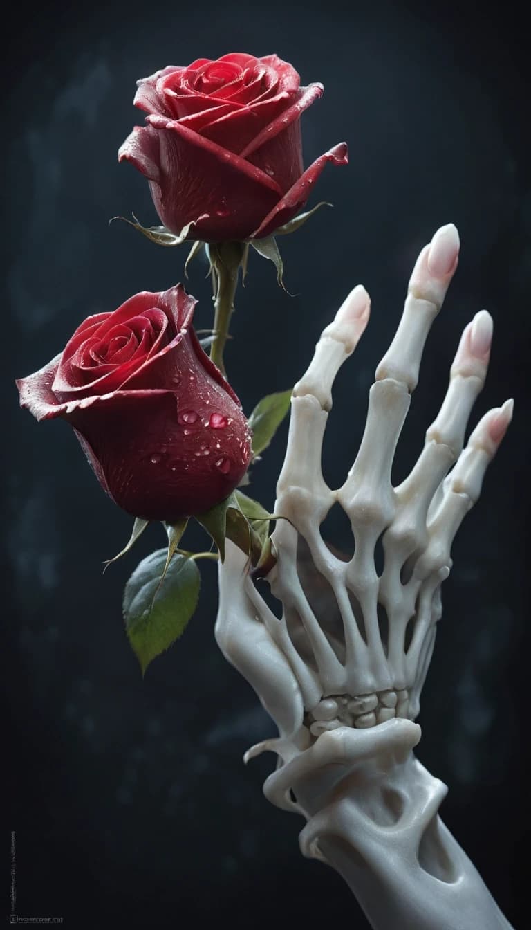 Masterpiece. best quality. Epic. cinematic. Award winning. Ultra detailed. dramatic. attention-grabbing. challenge winning. A skeletal hand delicately holds a single, perfect crimson rose, its petals glistening with dew. The background is a deep, velvety black, with subtle hints of ethereal light catching the bone. This image captures a moment of fragile beauty amidst decay, rendered in a stark, painterly style with strong chiaroscuro to emphasize the contrast between life and death, leaning into surrealism.