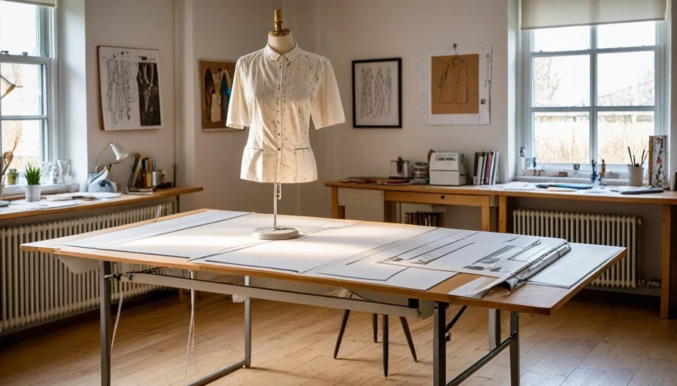 Realistic photo, interior of a clothing pattern design bureau. Front view, medium-wide shot. Foreground: a large white table with a wooden edge. Spread out on the table are paper sewing patterns, cardboard garment templates, technical sketches, graphite pencils, an eraser, and a transparent plastic ruler. All are lit by the warm light of a desk lamp with a metal shade — light coming from the left, casting soft shadows from the patterns. Background left: a metal clothing rack with finished garment samples — a black coat, an elegant knit dress, and several finished patterns hanging on hangers. Background right on the table: a modern computer with a large monitor displaying CAD pattern-making software showing the development of a back piece. The background is slightly blurred (bokeh), but the silhouettes of the clothes and the screen remain recognizable. Overall color palette: white, gray, wood tones, warm yellow light. High detail, photography, 8K.