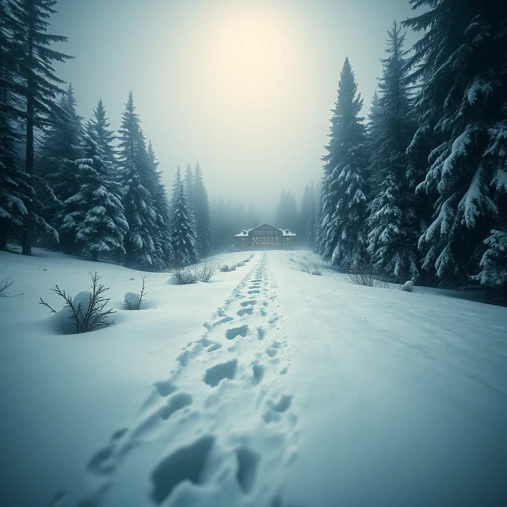 narrow snow-covered path leading toward a remote mountain hotel, abandoned footprints disappearing into fresh snow, towering pine trees, thick fog, suspenseful atmosphere, ultra-realistic, dramatic lighting, cinematic composition.