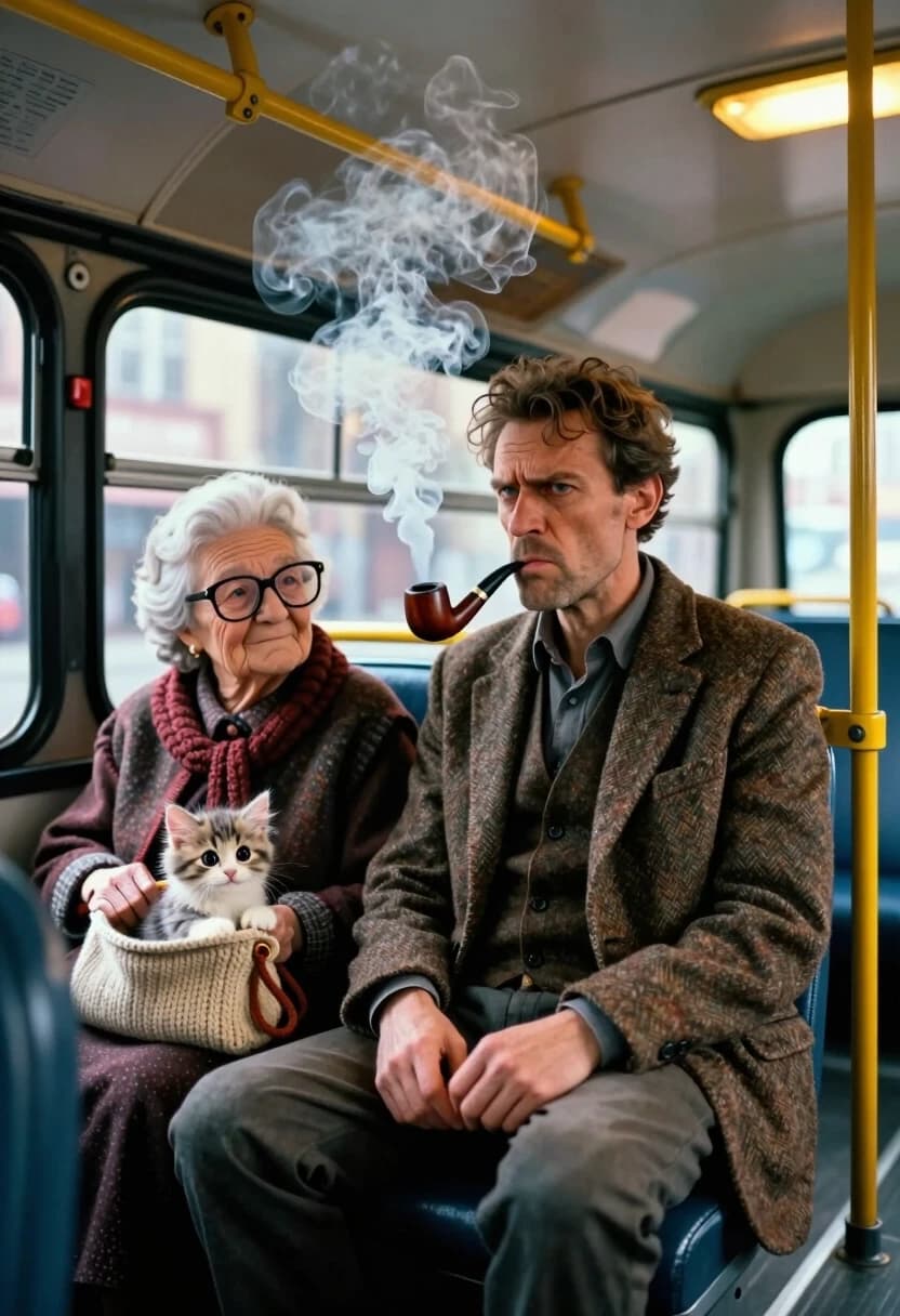 A stunning 8k 3D stylized shot inside a vintage city bus. A middle-aged man with a grumpy but charismatic face is sitting in a seat, puffing on a classic wooden tobacco pipe; a thick, volumetric cloud of white smoke swirls around his head in a whimsical way. On the opposite seat, a sweet, elderly grandmother with a kind, wrinkled face and oversized glasses is sitting. Beside her, a small, knitted bag is open, and a tiny, fluffy kitten is peeking out with huge, curious eyes. Lighting: a mix of cool morning light from the bus windows and the warm, golden glow of the interior lamps. Shot with a medium-wide lens to capture both characters in one frame, creating a funny social contrast. High-quality textures of the man's tweed jacket, the grandmother's wool shawl, and the soft, detailed fur of the kitten. Whimsical atmosphere, vivid colors, cinematic volume.