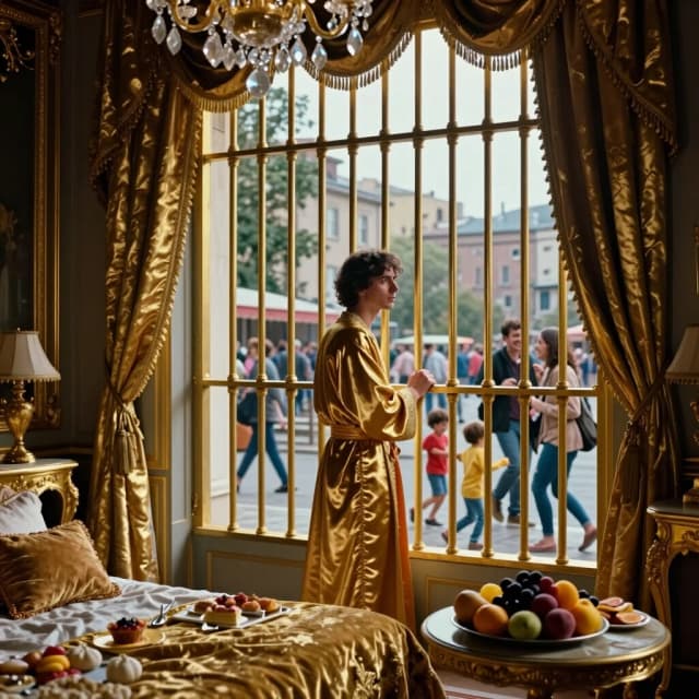Cinematic photorealistic interior shot of a luxurious imperial bedroom, dripping with gold leaf, silk drapery, velvet cushions, and crystal chandeliers. However, the enormous floor-to-ceiling windows are covered with elegant but sturdy golden bars. Through the bars, a vibrant, ordinary city life is visible: people walking, children playing, a couple laughing. Inside, a solitary figure in a rich silk robe stands by the window, one hand resting on the golden bars, looking out with a melancholic, longing expression. On a nearby table, an untouched feast of exotic fruits and pastries is laid out. Photorealistic, dramatic chiaroscuro, contrast between warm gold and cool outside light, philosophical, melancholic, 8k, shallow depth of field, 4:5 aspect ratio.