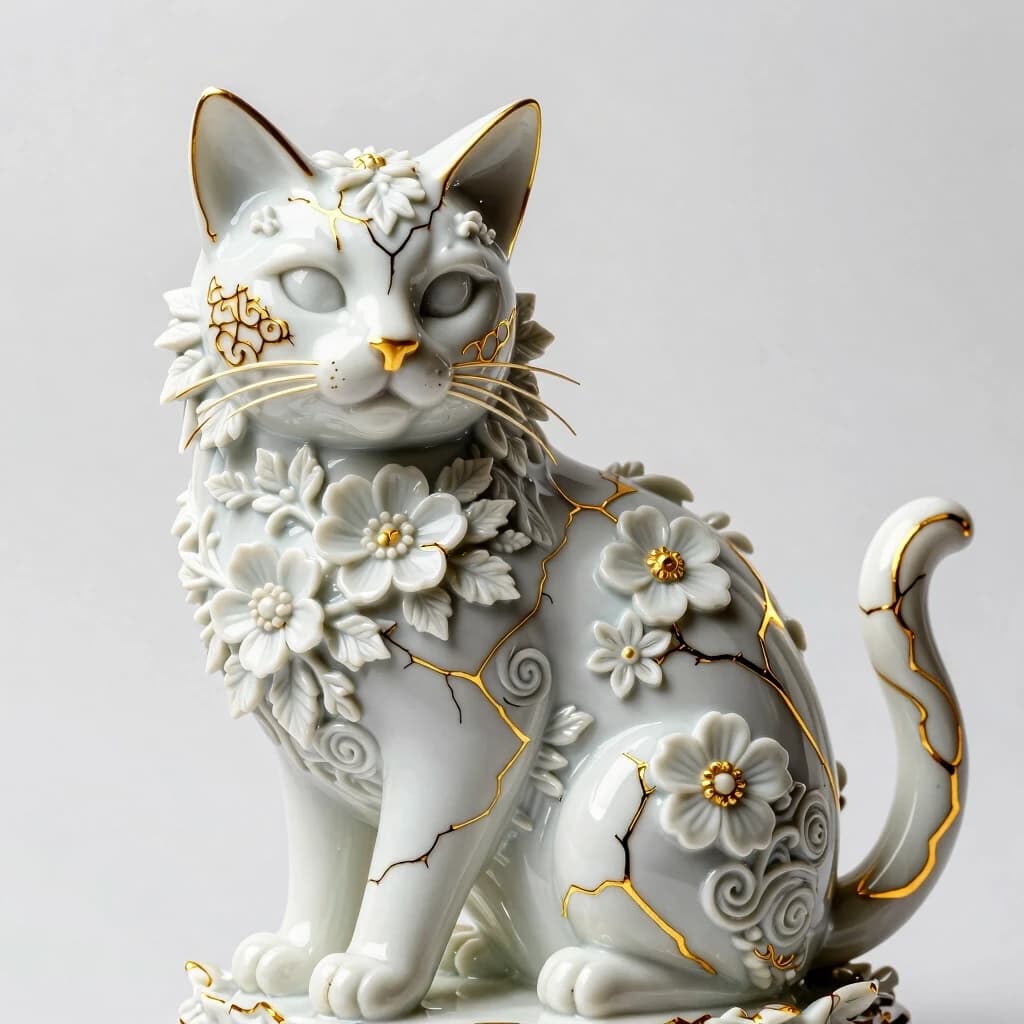 Digital image in Baroque and rocaille style with elements of kintsugi technique. Close-up. Decorative sculpture made of white porcelain: 1.5. Golden cracks. Volume. The Persian cat. Glossy, porcelain, shiny. The cat's head and body are decorated with gorgeous embossed flowers. Perfect white porcelain (1.5). Exquisite carvings that convey the fur, whiskers and tail of a seated cat. The edges of the leaves and the patterns are decorated with intricate carvings. Thin twigs, delicate flowers and leaves. Lots of fine gold veins. Intricate weaves, swirls, almost psychedelic ornaments. An amazing, mesmerizing sight: the glow. Luminescence. The background is white, with shadows and spectacular lighting. Style: rococo, surrealism, fairy tale, fantasy. Dynamic and expressive. Subtle patterns. Stylization, intricate decorative molding, surrealism, modernism. In the manner of Andrew Jones, Lorenzo Bernini. High quality.
