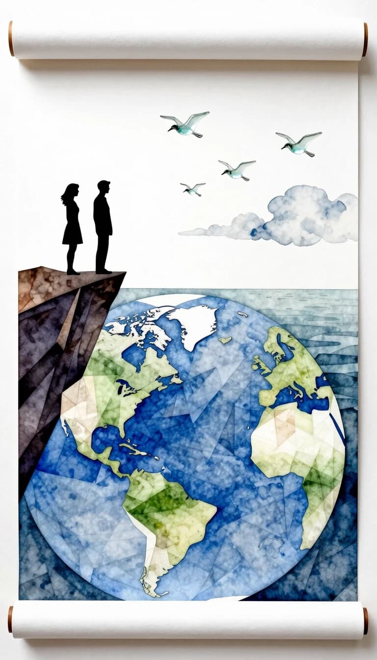 Polygonal pattern on canvas, scroll, angular bold lines, stencil watercolor. Vertical view from above from planetary orbit.
Earth, from a cliff. Female and male silhouettes stand in profile on a cliff. Global perspective. Horizon. Glass birds above the sea, clouds + female and male silhouettes, glass birds in the sky, minimalist palette.