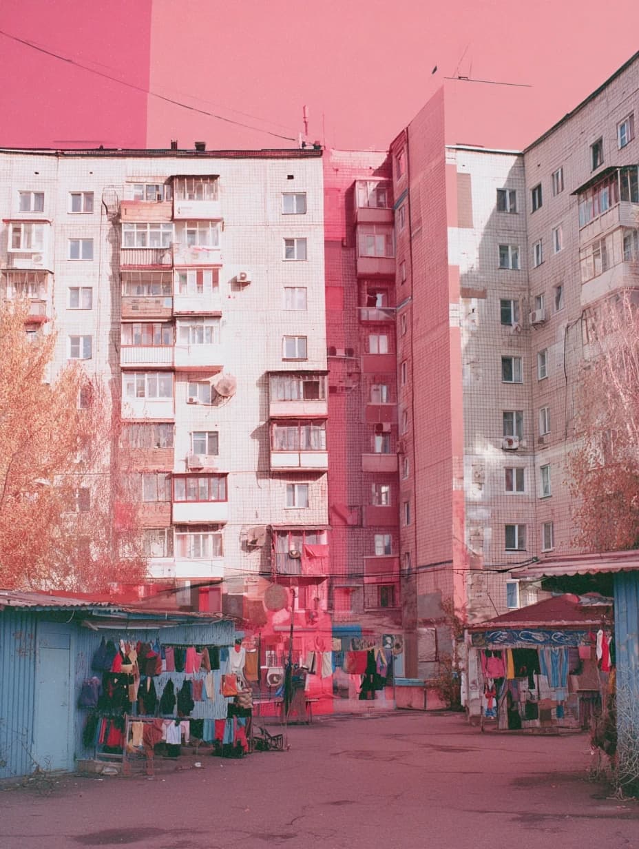 photos of the post-Soviet aesthetics of Russian courtyards and people with their everyday life in the styles of McBling, Waporwave, Wes Anderson chic, Andersonesque Popart --ar 3:4 --v 7.0 --s 200