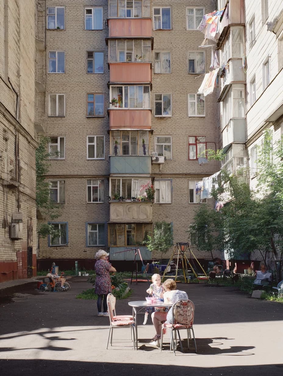photos of the post-Soviet aesthetics of Russian courtyards and people with their everyday life in the styles of McBling, Waporwave, Wes Anderson chic, Andersonesque Popart --ar 3:4 --v 7.0 --s 200