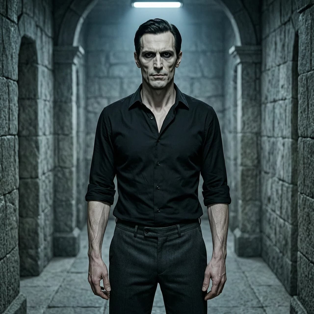 A realistic portrait of a tall, lean man in his late 30s. Dark fantasy modern setting. He has sharp, angular features — high cheekbones, a straight nose, thin lips. His skin is pale. His eyes are dark, nearly black, hooded, with a cold, unreadable gaze. His hair is short and dark, combed back neatly. He wears a plain black shirt with sleeves rolled up to the elbows and dark trousers. Broad shoulders, a wiry, athletic frame. He stands upright, arms relaxed, expression calm and controlled — a man used to being obeyed. Background: a dimly lit stone corridor with cold artificial light and shadows. Cinematic lighting, moody atmosphere, shallow depth of field. Photorealistic, detailed, 8k.
