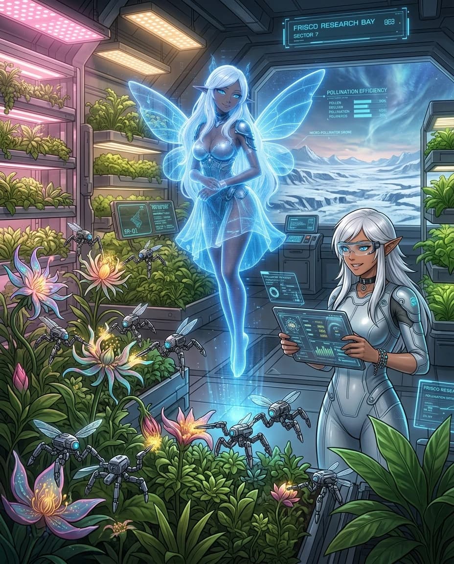 A detailed sci-fi concept art of a futuristic botanical greenhouse inside the Frisco Research Bay. Inside is a lush oasis with vertical hydroponic farms, glowing alien flowers, and dense green vegetation under soft pink and warm white grow lights. FRISCO's holographic AI avatar, a glowing blue digital fairy, hovers in the center. She controls a swarm of tiny pollinator drones the size of a human. The microdrones are equipped with precise electrostatic brushes that carefully collect and transfer glowing pollen from the flowers. Beside her, a female scientist in a lightweight tech suit and smart glasses holds a tablet with data, smiling and observing the process. In the background, a huge panoramic window offers a view of the frozen, snow-covered alien landscape outside. Cinematic lighting, intricate details, UI overlays, artbook style, high-tech sci-fi. --ar 4:3