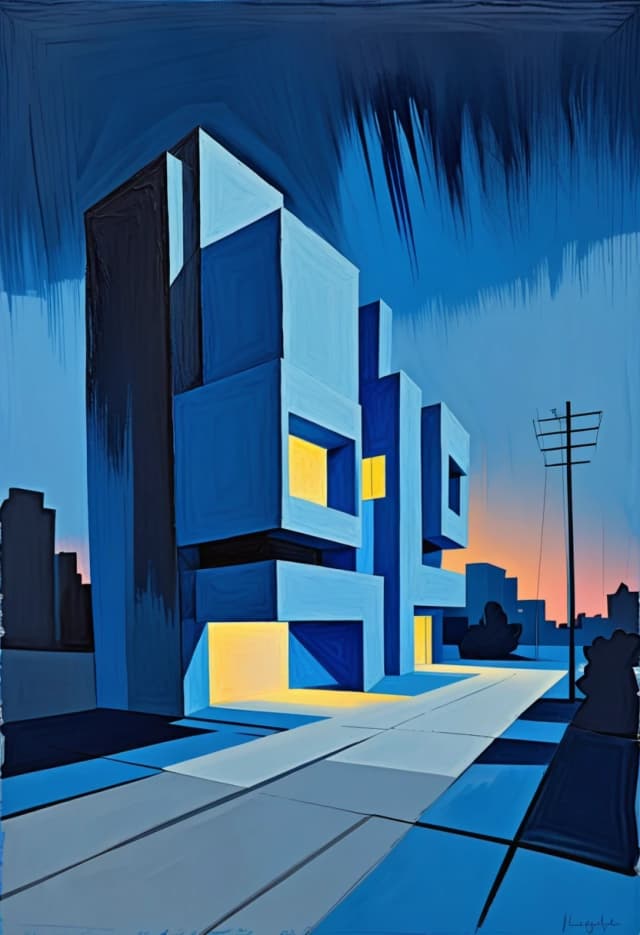 In the style of Malcolm T. Leipke
on a blue background,
night landscape, modern architectural landscape, angular, nervous brushstrokes, on a rough background, pastel, unfinished study
minimalism