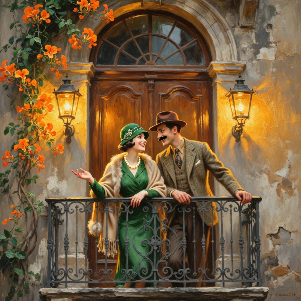 Oil painting, impasto, painterly style, visible brushstrokes, classic art, traditional art, a happy couple laughing and smiling, a man and a woman leaning on an ornate wrought iron balcony railing, vintage 1920s-1930s fashion, the woman has a bob haircut, wearing an olive green cloche hat with decorative elements, a green dress, a light beige shawl with a fur trim, a pearl necklace, pointing with her right hand, the man has a mustache, wearing a brown fedora hat, a brown tweed suit jacket, a brown waistcoat, a light brown shirt, and a patterned tie, both looking at each other, warm glowing light from two ornate wall-mounted vintage lanterns on either side of a large arched wooden door, an arched window above the door, an old stone building facade, orange flowering vines growing