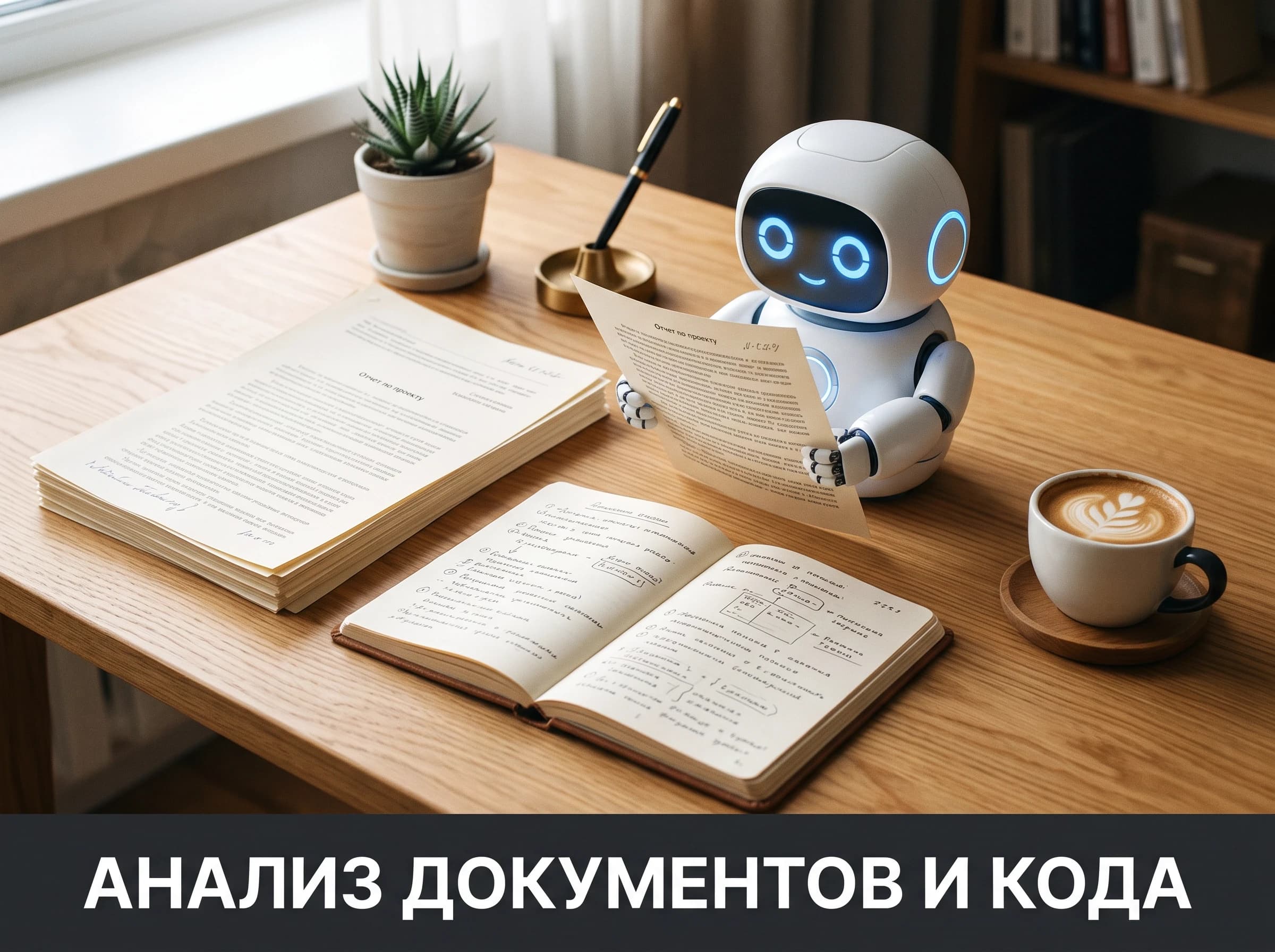 A warm photograph of a tidy wooden desk from above with a stack of paper documents, an open notebook and a coffee cup. A friendly small white robot with a round glowing blue face sits on the desk, gently holding one sheet of paper and studying it. Soft daylight, shallow depth of field, clean composition, no screens visible. At the bottom, a clean horizontal banner with bold Russian text "Π Π°Π·Π±ΠΎΡ Π΄ΠΎΠΊΡΠΌΠ΅Π½ΡΠΎΠ² ΠΈ ΠΊΠΎΠ΄Π°", simple sans-serif, high contrast, occupying under 20% of the image, not covering the hero.