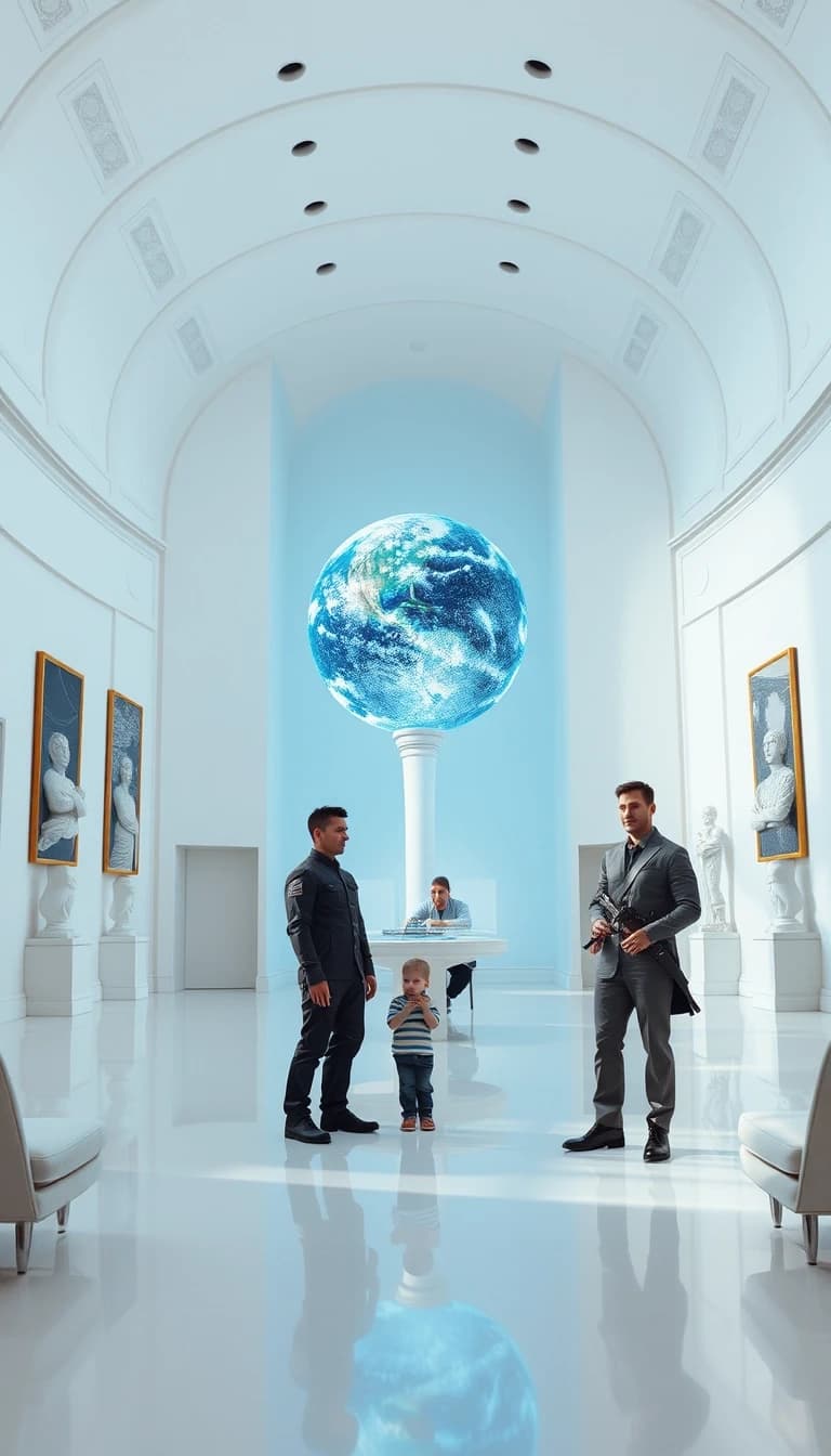 A large, semi-circular, white hall with no windows. Along the walls are sculptures depicting a ball on a very thin pillar. The walls are adorned with paintings depicting a ball on a pale blue background, with the surface of the ball covered in a mosaic pattern made up of numerous small black and mirror-like tiles, standing on a very thin pillar on a pale blue background. In the center of the hall is a holographic terminal. Standing near the terminal is a tall, muscular man in a flight suit without any insignia, accompanied by a 12-year-old boy. In the background, near the wall, a man in a silver-black suit is sitting on one of the soft chairs with a surprised expression on his face, while a young man in a flight suit with a thin sword on his belt is standing next to him. Above the holographic terminal, a three-dimensional image of the planet Earth is rotating, consisting of a mosaic pattern made up of numerous small black and mirror-colored tiles.