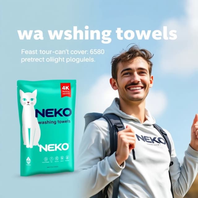 Создай яркую, привлекательную обложку для рекламного поста о продукте NEKO washing towels. На изображении — упаковка продукта (бирюзовый фон, белый кот, надпись NEKO) крупным планом, рядом — счастливый человек (парень или девушка) в спортивной одежде или в походе, который выглядит свежим и улыбается. Атмосфера: легкость, чистота, динамика. Цветовая гамма: бирюзовый, белый, светло-серый. Стиль: фотореализм, высокое качество, 4K. Без лишнего текста на изображении.