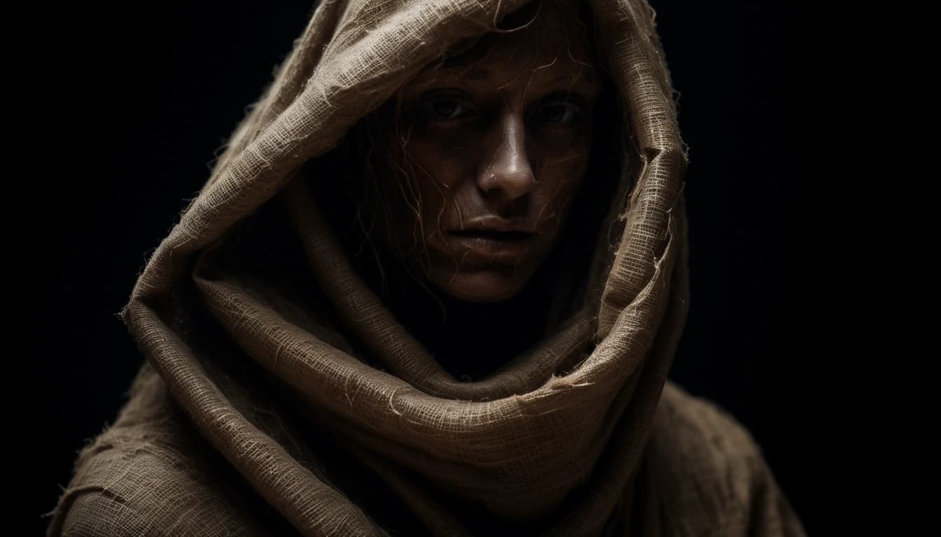 An abstract portrait of an invisible form defined only by a heavy, suffocating shroud of coarse, oil-stained burlap that is twisting and constricting inward, as if trying to collapse into nothingness. Low-key lighting, deep shadows, raw tactile texture.