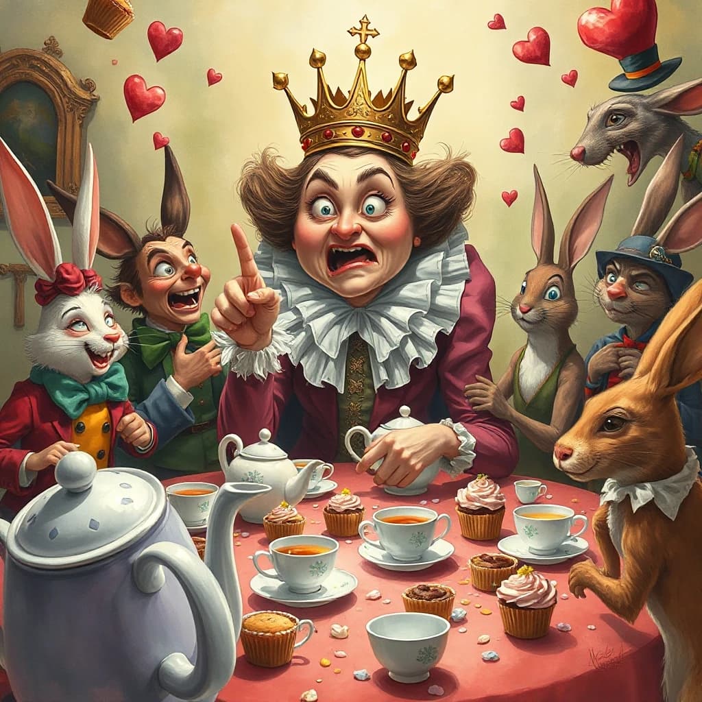 (masterpiece:1.8, acrylic painting:1.5, best quality:1.6, ultra-detailed:1.6). A bizarre and funny image (of the Queen of Hearts), who, sitting at a crazy tea table, angrily exclaims: "Off your head!' (Off with their heads!). The reason for her anger may have been a bad croquet game or too much sugar in her tea. (She's sitting at the head of a table strewn with ridiculous teapots and mountains of cakes, her crown slightly askew.) The Queen's face is red with annoyance, with puffed cheeks and wide-open eyes that look more offended than truly angry. (She points her finger with such effort that she looks like she's about to knock over her tea).
(Around her are the Hatter and the March Hare, who comically jump up and down in "fright," but at the same time try to hold on to their cups and cupcakes. Sonya may have poked her head out of the kettle, clearly annoyed by the noise. The card guards nearby may be awkwardly retreating, tripping over table legs or dropping their halberds). The tea table is a mess of flying cupcakes, spilled tea, and tumbling teacups.
The lighting is light and airy, creating a light, almost pastel mood. The overall atmosphere is a light, funny mess, where the Queen's anger is more of a familiar but theatrical act. Detailed watercolor or pastel illustration, playful composition, soft but saturated colors, light strokes, digital painting. Inspired by Quentin Blake's dynamic illustrations and Mary Blair's vibrant style.