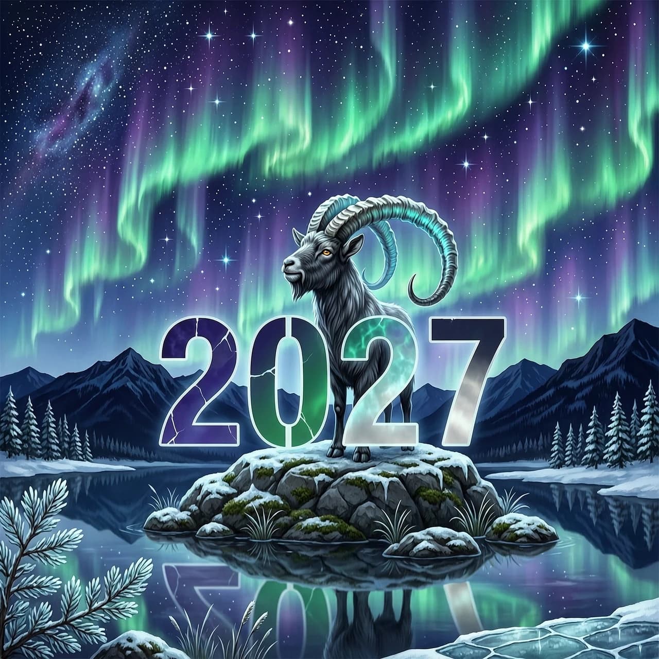 Horizontal illustration, aspect ratio 4:3. Mystical goat with long horns standing on a rock against the backdrop of the northern lights. Night sky, stars, mountains, reflection in a lake. Cold tones: blue, purple, emerald, silver. Digital painting style, fantasy, magical atmosphere. Large numbers "2027" in the center in a cut-out stencil style. High quality, 8k.