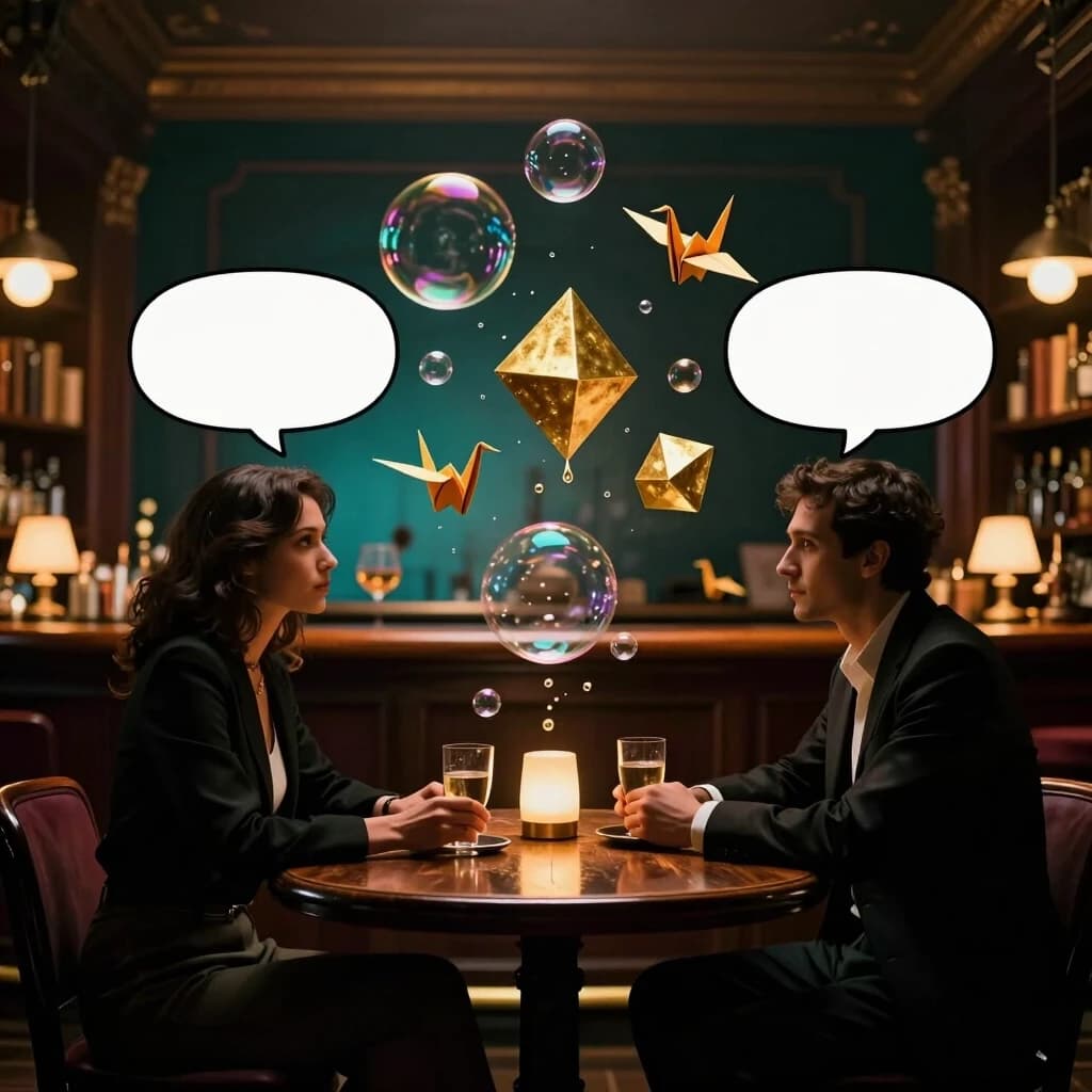 Cinematic wide shot of two sophisticated silhouettes sitting opposite each other at a dimly lit vintage wooden table in a cozy library bar, warm amber and deep teal atmospheric lighting. However, instead of speech bubbles or text, the space between them is filled with a mesmerizing, slow-motion swirl of translucent soap bubbles, floating origami cranes, and melting abstract geometric shapes made of liquid gold. These objects connect the two figures beautifully, symbolizing that the meaning is not in the words, but in the shared aesthetic experience. Surreal, dreamy, ethereal, photorealistic, shallow depth of field, intellectual and playful mood, 8k --ar 3:4
