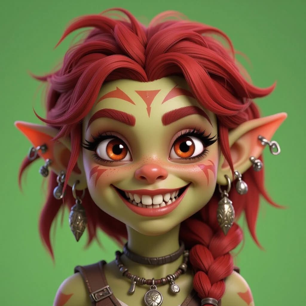 Disney-style 3D render: portrait of a goblin girl (close-up, focusing on the head and shoulders). She has tousled red hair and large red eyes; her face is marked with war paint. She has a wild look and a sly, toothy grin revealing sharp white teeth. Her ears are adorned with numerous earrings and rings. Her skin is brownish. The background is a vibrant green.