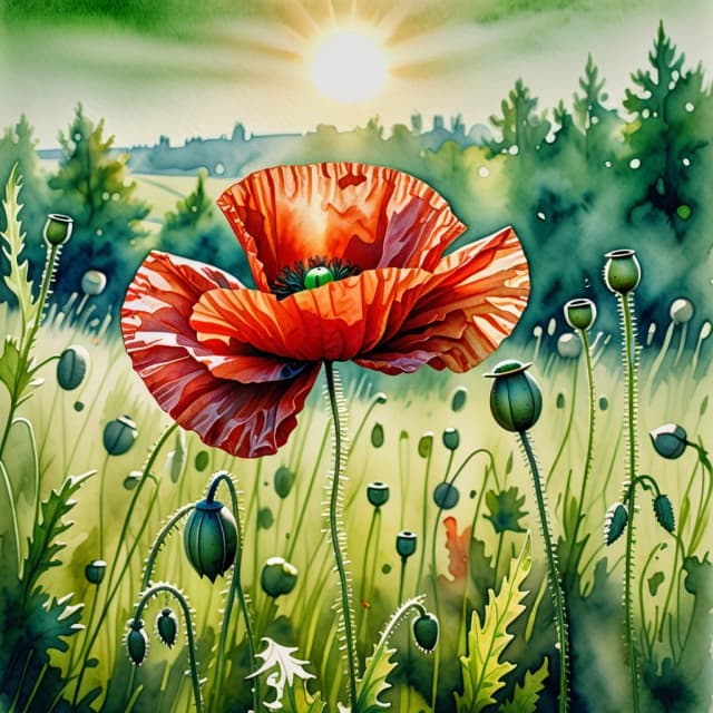 A masterpiece. Watercolor painting. (Image (of a red poppy flower:1.5) on a sun‑drenched, green meadow.)) Close‑up. High resolution. High quality. Increased attention to small details. Hyper‑realistic surreal style, fantasy, watercolor art. Increased attention to the tiniest details, texture, and surface. Author — Sergey Andriyaka.