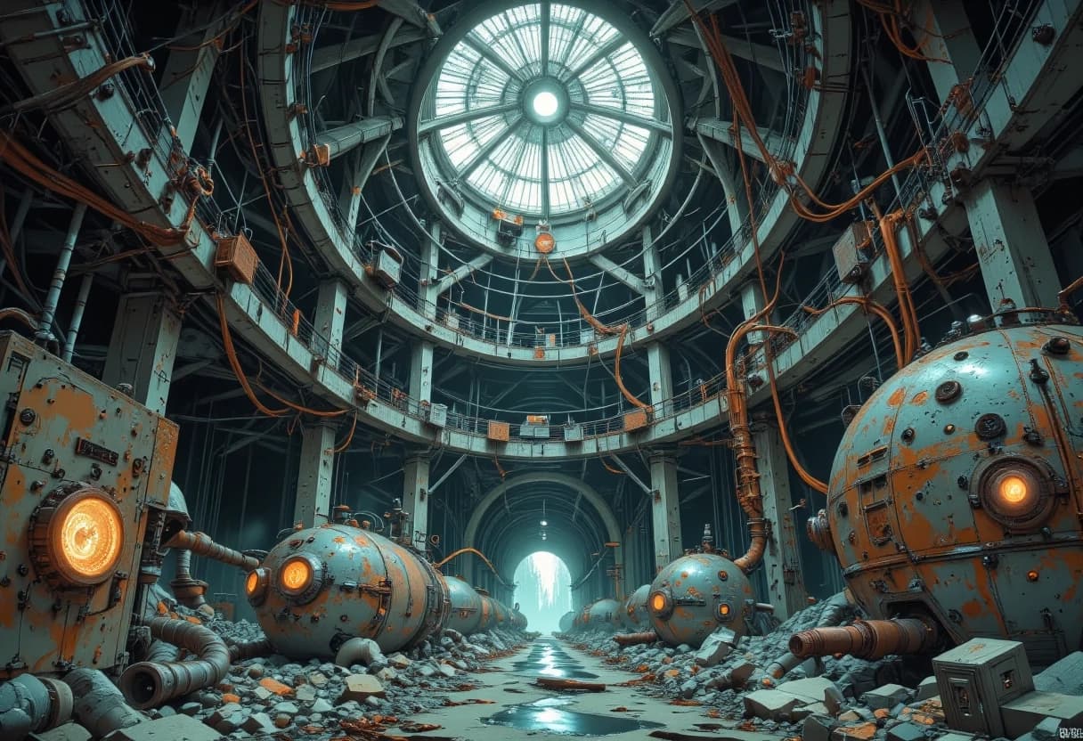 Cinematic shot of a vast, circular abandoned underground bunker, high crumbling concrete walls with exposed rebar, decaying industrial atmosphere. The composition features a low-angle perspective emphasizing the immense scale and depth of the cavernous room. Intricate network of rusted iron trusses and heavy support beams crisscrossing the ceiling. Scattered throughout the space are large, weathered steel capsules and complex, decaying metallic structures covered in thick layers of rust and oxidation. A chaotic labyrinth of tangled pipes, heavy industrial blocks, and antique transformer boxes lit by dim, flickering light filtering through dust motes. Mood is eerie, desolate, and post-apocalyptic. Hyper-realistic textures, gritty industrial aesthetic, dramatic chiaroscuro lighting with deep shadows and volumetric fog, shot on 35mm film, highly detailed mechanical debris, 8k resolution, masterpiece.