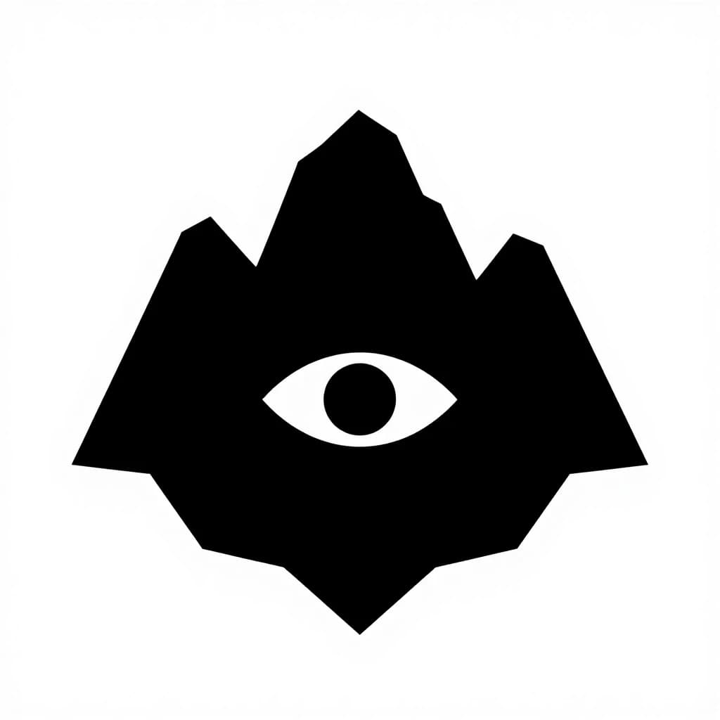 Silhouette with a crest or logo. A mountain with three peaks is central above the others. In the center of the mountain, one large eye is depicted. The shape of the coat of arms is angular. The picture is without text. Style - Fantasy