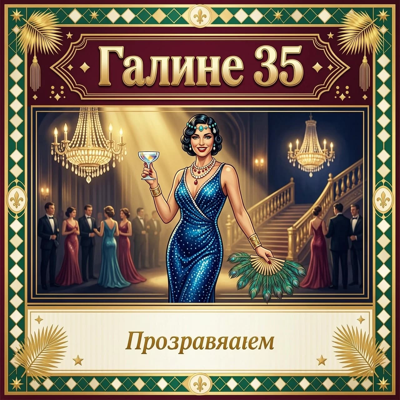 красочная картинка в стиле гетсби на фон и сверху надпись галине 35 и убери нижние надписи добавь поздравляем
убери надпись нижнюю и оставь место
и картинку ту же