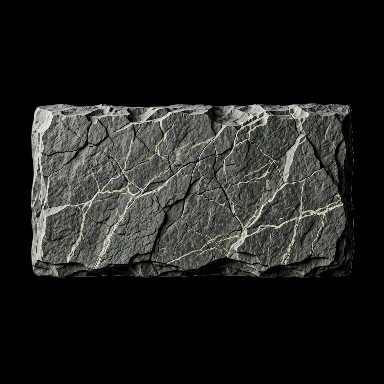 A high-quality isolated asset for Photoshop: a rectangular floating slab made of textured dark grey granite stone, designed as a text background plate. The stone features realistic micro-cracks, subtle mineral veins, and a rugged, weathered surface with fine granular details. Cinematic side lighting to emphasize the tactile relief and heavy texture. Sharp focus, macro photography style, studio lighting. The object is centered on a solid, clean, plain white background for easy masking and removal. Hyper-realistic 8k render, photorealistic stone material, neutral moody atmosphere, high contrast between light and shadow on the stone edges.