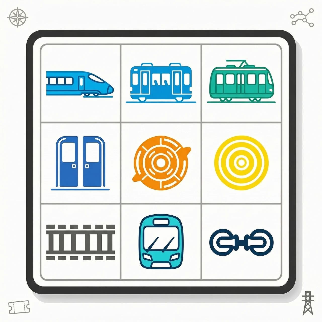 A design of a 3x3 grid gaming board card for a "Transport Bingo" game, game asset template. Inside the 9 square cells, there are minimal clean vector icons representing modern trains, metro, trams, and train components like doors, brakes, and lighting system. Bright corporate tech colors, clean white background, minimalist corporate design. Using the exact illustration style, color palette, and assets from the reference image, high-quality, game UI layout, no text inside cells --ar 3:4 --v 6.0