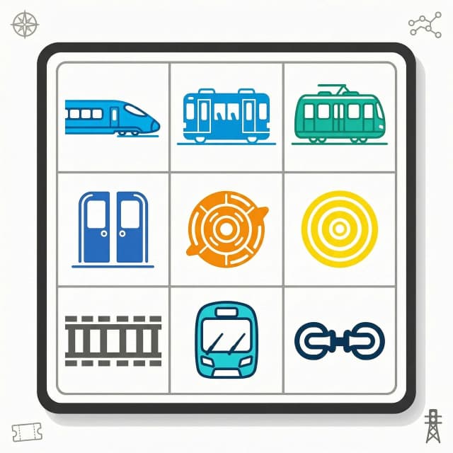 A design of a 3x3 grid gaming board card for a "Transport Bingo" game, game asset template. Inside the 9 square cells, there are minimal clean vector icons representing modern trains, metro, trams, and train components like doors, brakes, and lighting system. Bright corporate tech colors, clean white background, minimalist corporate design. Using the exact illustration style, color palette, and assets from the reference image, high-quality, game UI layout, no text inside cells --ar 3:4 --v 6.0