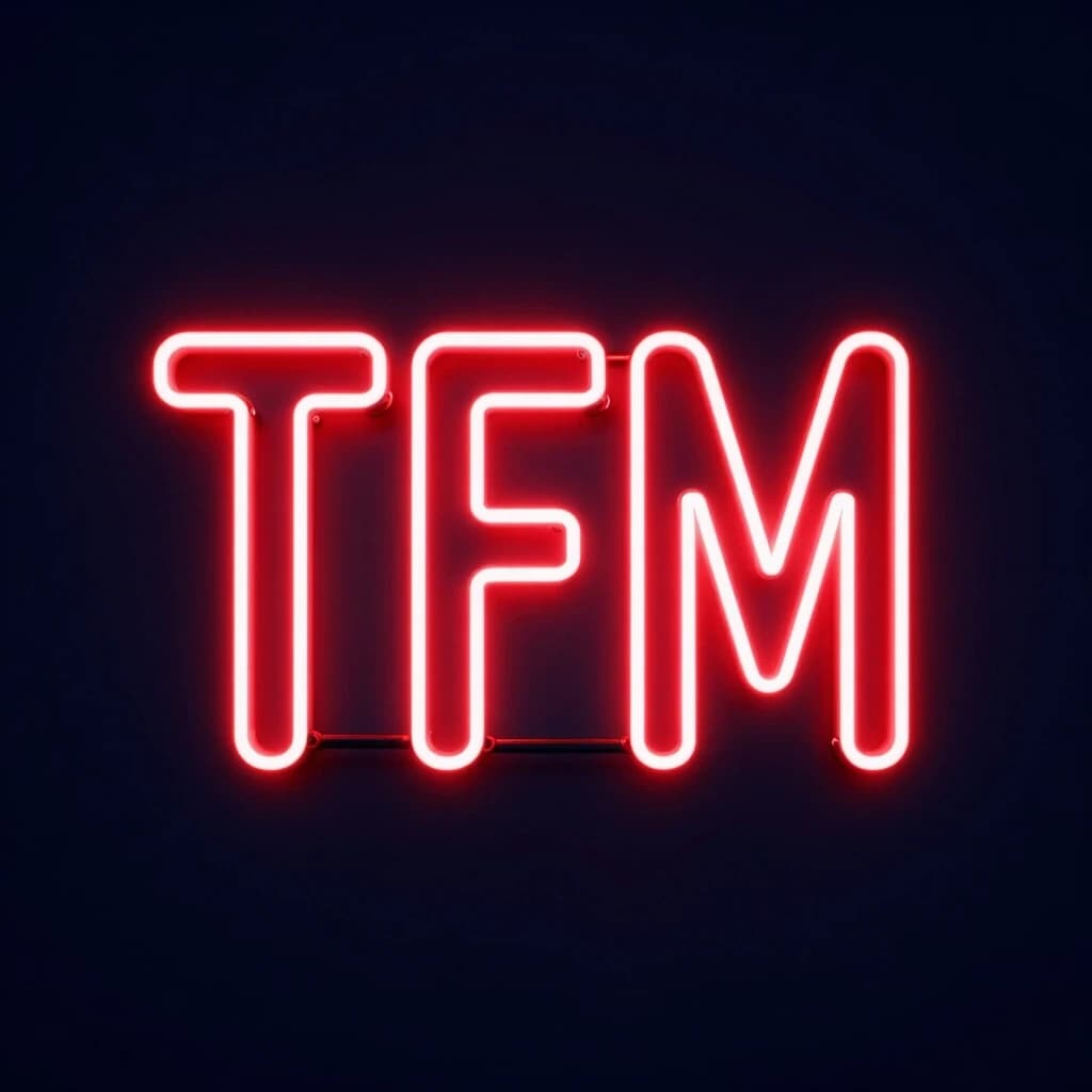 Крупные три заглавные буквы TFM, выполненные в стиле яркой красной неоновой вывески. Буквы плотно сгруппированы по центру, имеют легкое белое свечение по контуру и ярко-красную подсветку на темно-синем (почти черном) матовом фоне. Стиль — киберпанк и хай-тек, минимализм. Текстура стекла или легкий туман вокруг букв для эффекта глубины. Композиция строго по центру. Квадратный формат 1:1. Без лиц, без лишних деталей по краям, только буквы