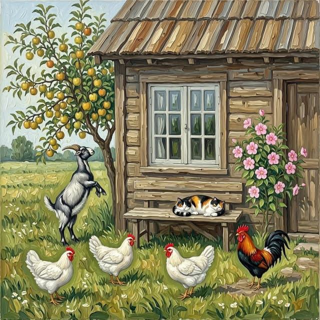 Рисунок маслом. Дом деревенский с двумя окнами. На заднем плане яблоня, серая коза стоит на задних лапах пытается достать верхнее яблоко. Перед окнами скамья без спинки, на ней спит трехцветный кот. На углу дома цветет мальва. По двору гуляют три белые курицы и один петух