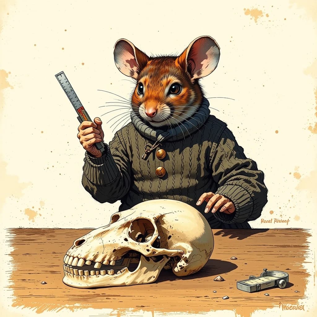 рисунок, на котором мышь в свитере сидит за столом, а перед ней лежит мышиный череп. В одной лапе мышь держит calipers и измеряет череп