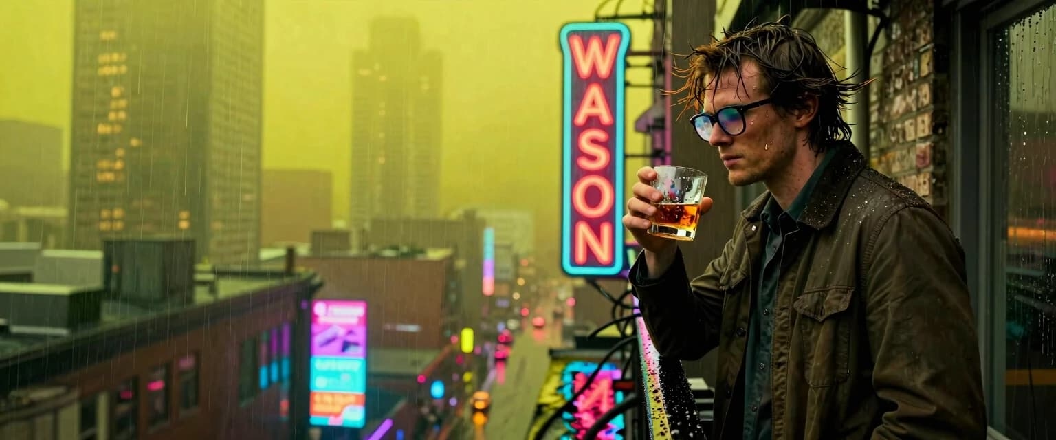 Max Caulfield stood on the edge of a narrow balcony, wedged between the flickering neon signs of Watson, a neighborhood in Night City where luxury and poverty intertwined like wires in an overloaded cable. Rain drummed on the tin railing, turning the accumulated dirt on the asphalt into neon slush, which reflected distorted corporate advertising holograms — their colors spread over puddles like poisonous ink.
Max clutched a glass of cheap synthetic whiskey in her hand —the liquid in it seemed almost transparent, like a tear, but the taste left a bitterness on her tongue— a mixture of plastic and despair. The wind ruffled her hair, and raindrops settled on the lenses of her old glasses, blurring the contours of the city. She didn't notice it: her gaze was fixed on the horizon, where the skyscrapers were drowning in an acid-yellow fog.