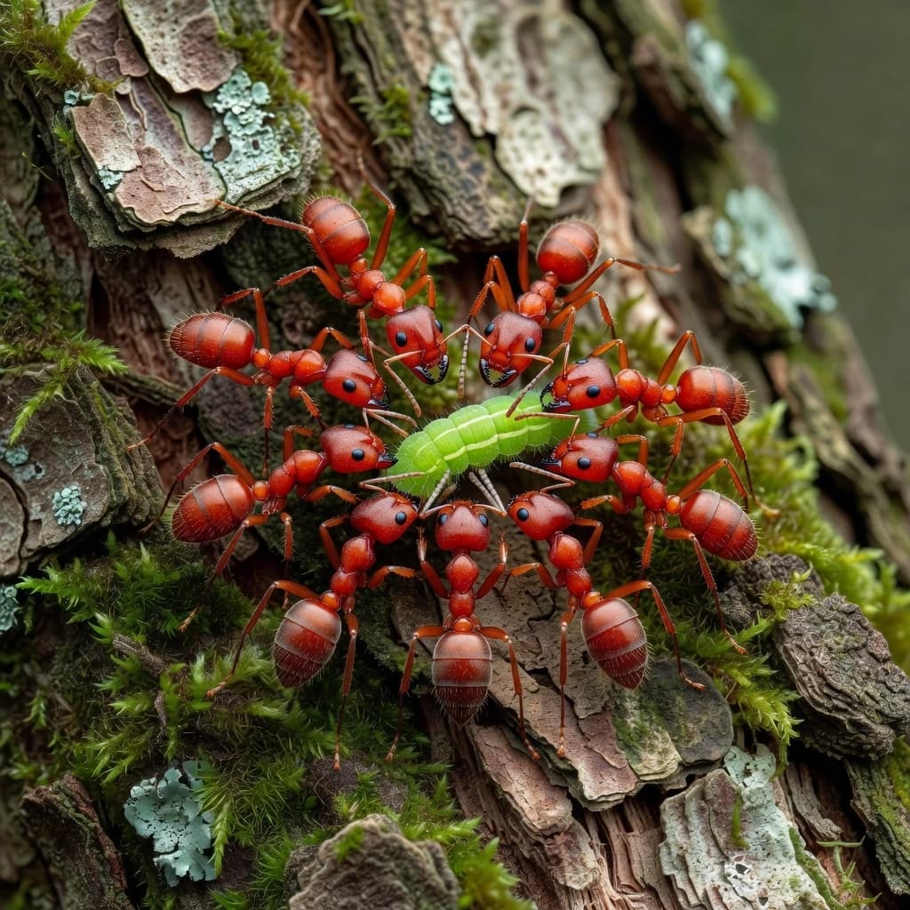Photorealistic macro shot from nature. A group of red reaper ants is carrying a small green caterpillar. The ants are positioned in a circle around the caterpillar and hold it with their front paws. The surface of the tree bark is covered with moss and lichen, and large scales peel off from the trunk. Diffused lighting with a clear focus on the central group. Textures: 8k, high roughness, micro-details on ant legs. Style: National Geographic documentary, wildlife photography.