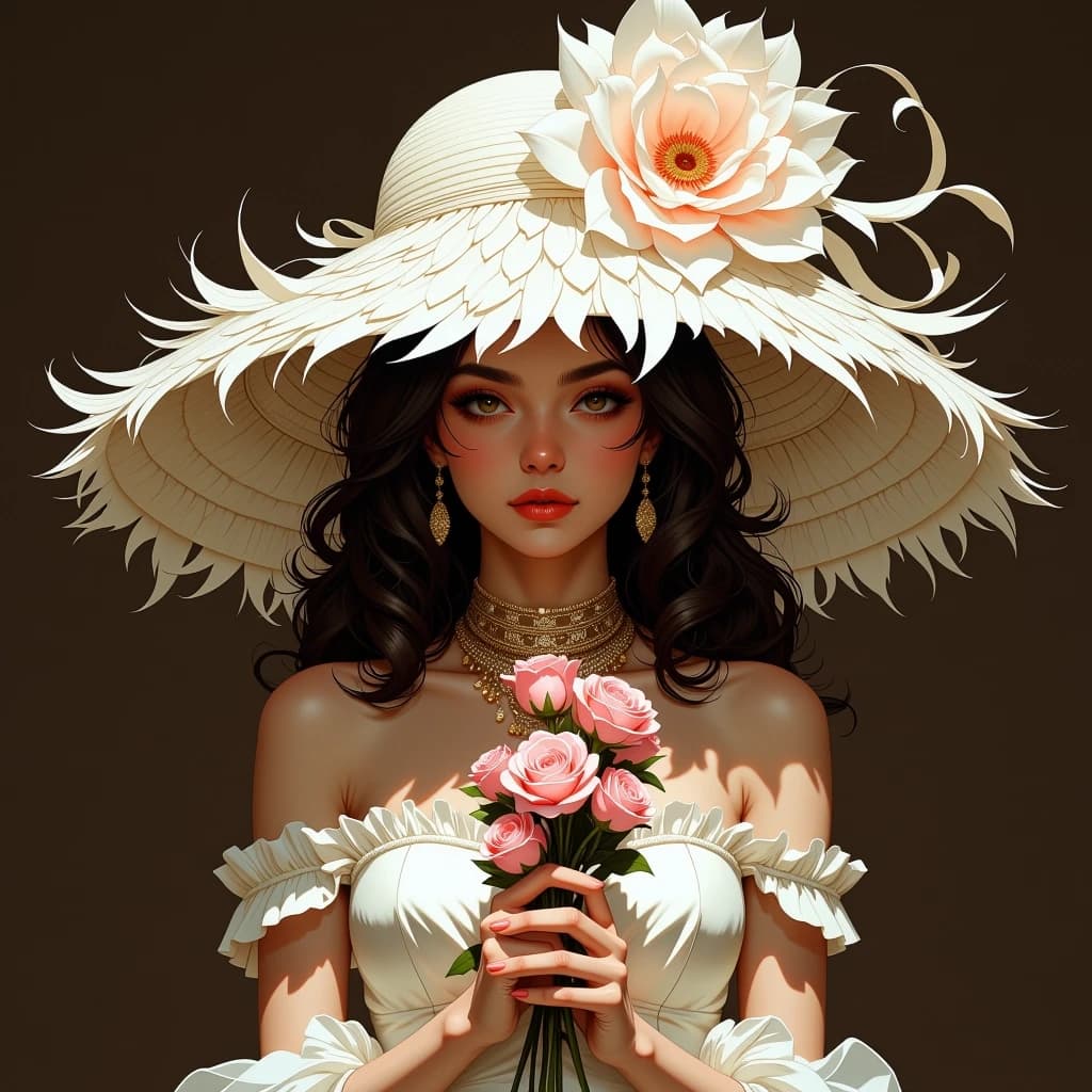 The image is a portrait of a young woman wearing a large, elegant hat with a large flower on top. The hat is made of white feathers and has a wide brim. The woman is wearing a strapless, off-the-shoulder dress with a sweetheart neckline and a full skirt. She is also wearing a statement necklace and earrings. She has dark hair styled in loose curls and is holding a bouquet of pink roses in her hands. The background is a dark brown color, making the woman and the hat stand out. The overall mood of the image is romantic and elegant.