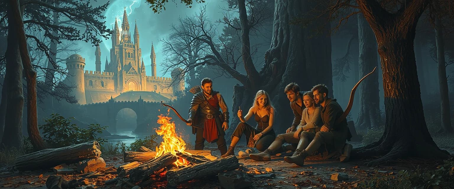 An epic wide channel header featuring a heroic fantasy RPG gaming party gathered around a campfire before a battle, a warrior, mage, and archer laughing together, mystical forest background with ancient ruins and a glowing dragon castle in the distance. Warm campfire glow contrasting with magical blue aura, warm fantasy atmosphere, sense of deep friendship and adventure, highly detailed digital painting, artstation trending --ar 16:9