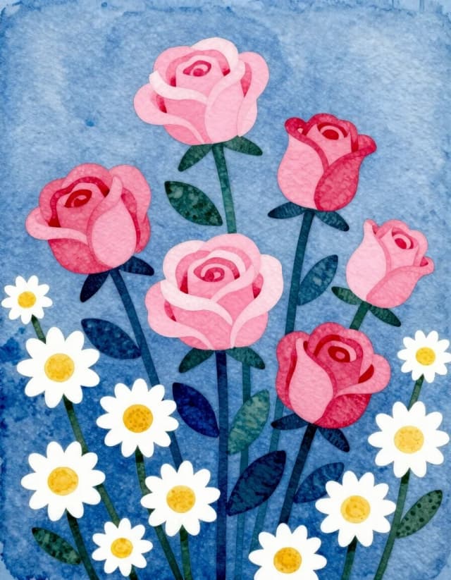A masterpiece. Create an image. Style watercolor painting: ((Style: naive art - primitive, splint painting Mitkov, minimalism - image - flowers pink roses and white field daisies on a blue background)):1.6, clear edges, clear textures, volumetric composition, studio lighting, author's style, 8k resolution. High detail and clear texture. Intense close-up. High quality. Increased attention to small details. The aspect ratio is 3:4.