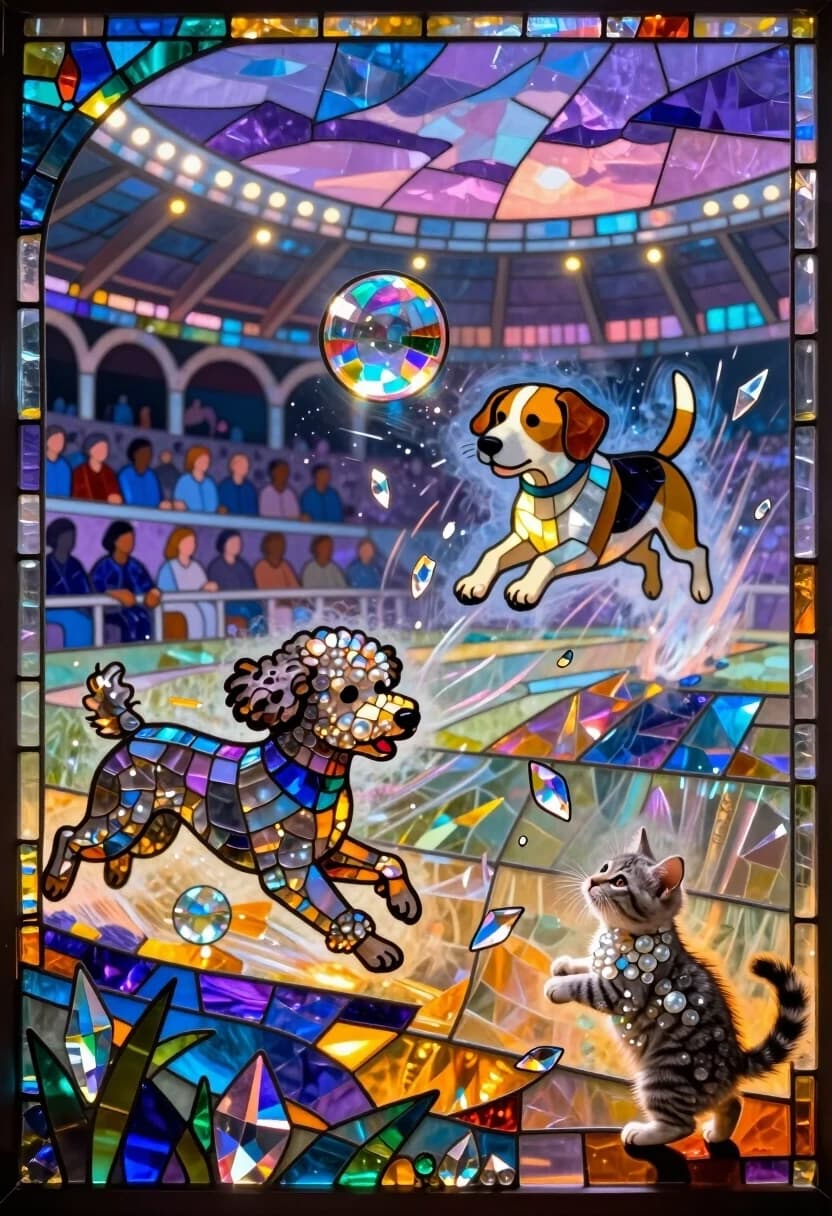 Surreal stained glass mosaic mural, where the entire scene is composed of tiny iridescent glass fragments and crystal shards. An absurd dog race where gravity is slightly broken: a poodle runs up the side of a wall as if it’s flat ground; a beagle leaps sideways through a ring of floating glass orbs; a labrador is mid-air, frozen in a comically stretched pose, surrounded by shards of light that emphasize the motion.
In the bottom right corner, a tiny grey tabby kitten is standing on its hind legs, trying to catch a falling glass petal. Its expression is a mix of concentration and confusion — it doesn’t understand the rules of this race, but it wants to help. The kitten’s fur is rendered as a mosaic of pearl-grey and silver shards, catching the ambient light in soft halos.
The environment is a surreal stadium made of glowing arches and pillars, all from translucent glass tesserae. The stands are filled with abstract spectator silhouettes made of dark blue and purple glass, their faces just hints of light. The sky is a layered mosaic of twilight purples and pinks, with prismatic reflections dancing on every surface.
Color palette: vivid purples, electric blues, warm ambers, and crisp whites; iridescent highlights that pop against the darker glass. Mood: весёлый абсурд, азарт, свобода от правил.
Technical: luminous stained glass mosaic style, iridescent crystal shards, prismatic light reflections, ethereal glow, intricate glass tesserae, volumetric lamp and stage lighting with fast falloff, strong chiaroscuro, hard silhouette edges for the dogs and kitten, motion blur rendered as glass streaks, glowing floating elements with bloom, atmospheric haze for depth, subsurface scattering to give translucency to the glass fragments.