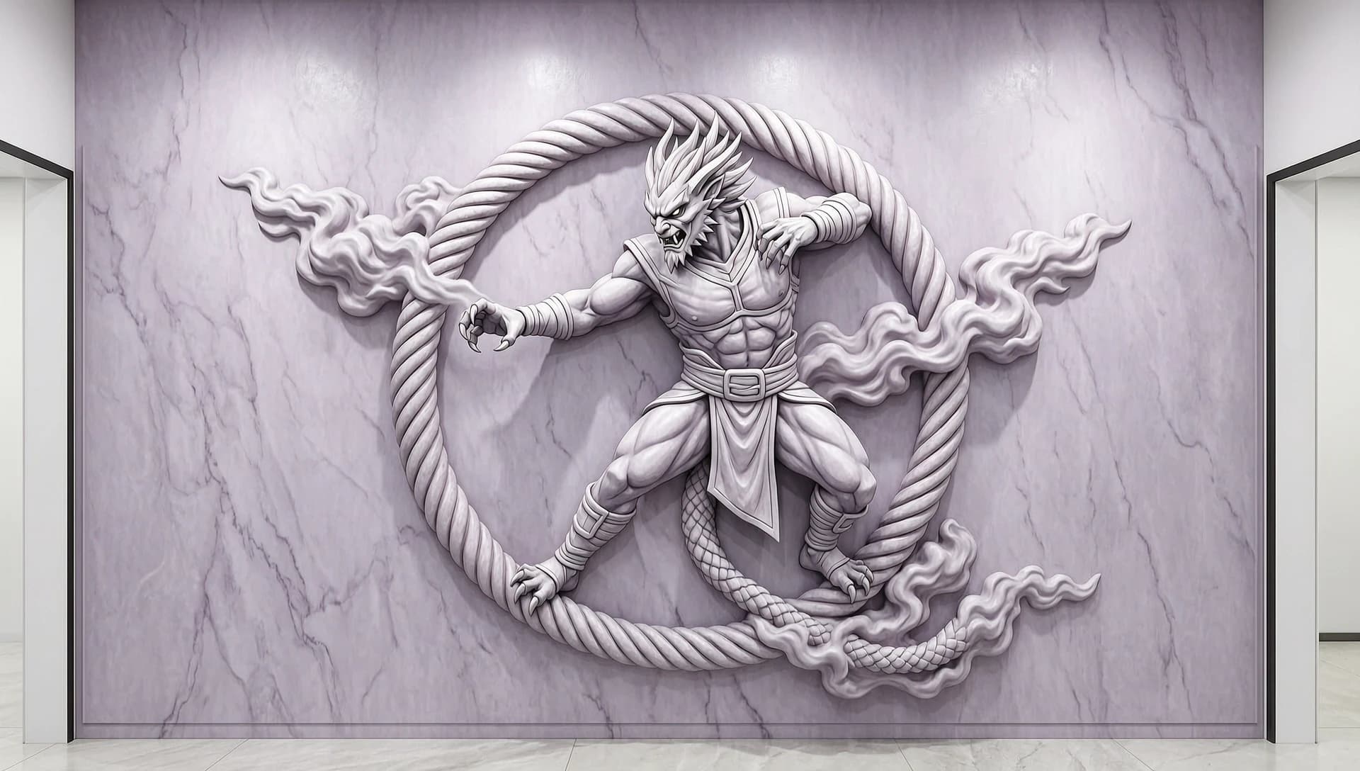 Architectural bas-relief for a bright hallway (wall 3500×2600 mm). Relief depth — 25–35% of full-volume sculpture, near-flat, graphic, like chasing or engraving. Center — circle diameter 110–140 cm. Inside — bas-relief smoke partially filling the space. Dragon-warrior in Mortal Kombat combat stance: torso in three-quarter view, one claw extended forward in a gripping reach, other pressed to chest, head tilted forward, glare from beneath — poised to strike. Muscular body loops inside the circle, partially wraps around the outside like rope around a hoop. Front claws grip the circle from above (grappling hold), hind claws spread wide, bracing against the circle from below. Head protrudes beyond upper boundary, tilted forward, shrouded in smoke. Tail extends beyond lower boundary, tensed, shrouded in smoke. Smoke clouds extend beyond the circle. Relief — low height, fine lines, light chiaroscuro, no deep shadows. Finish — light plaster imitating pale lilac marble. Style — epic fantasy, combat totemic plasticity, minimal volume.