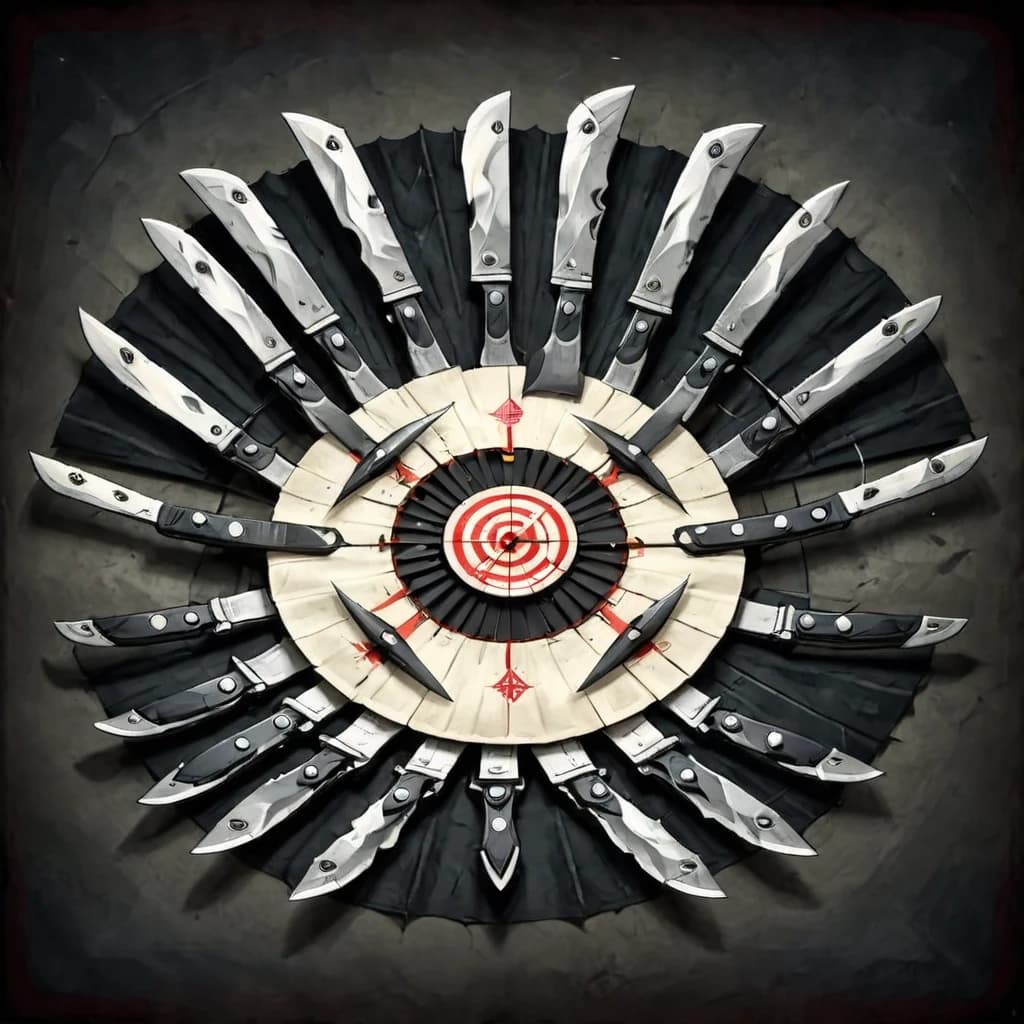 Square icon for a game. Many knives arranged in a fan. No border. No text. Dark tones.