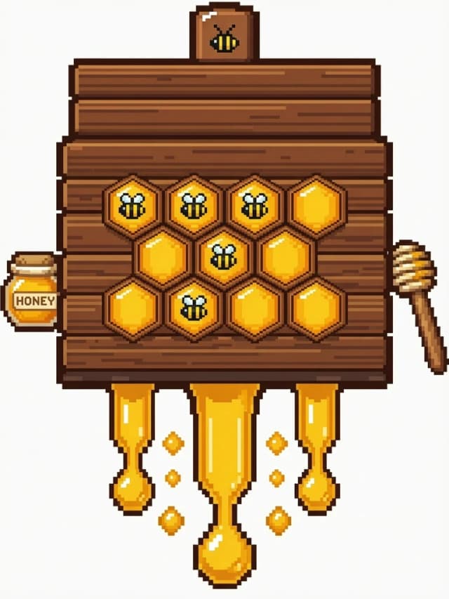 Pixel art beehive,front view, inspired by Stardew Valley and Minecraft aesthetics, cute and chunky stylized design, vibrant golden honey dripping from hexagonal openings, ,, clean sharp edges, high contrast, bright saturated colors, isolated on a solid transparent background, game asset style, 2D sprite, high resolution, charming cozy atmosphere.