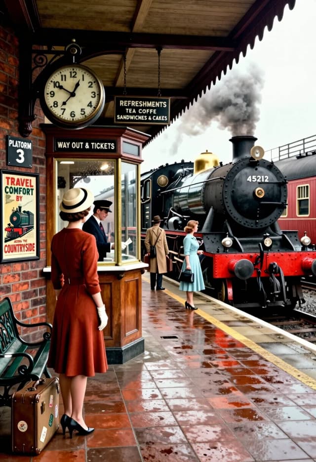 Photorealistic cinematic still, 8K resolution, ultra-detailed, rendered in a hyper-realistic style with subtle watercolor texture overlay to echo vintage poster aesthetics while preserving photographic fidelity of materials and lighting.
Composition: wide-angle shot from a low perspective on platform 3, emphasizing depth and scale. Left foreground: woman in a fitted rust-red 1950s dress with cinched waist and flared skirt, wearing a cream pillbox hat, white gloves, and black stiletto heels; she stands with back to viewer, gazing toward the locomotive. At her feet: brown leather suitcase with vintage travel stickers (“London”, “Paris”) and a round beige travel box with brass buckles; beside them, a dark-green cast-iron bench with ornate scrollwork.
Brick wall to the left features: black enamel “PLATFORM 3” sign with white numerals; below it, a large vintage travel poster reading “TRAVEL in COMFORT BY TRAIN ACROSS THE COUNTRYSIDE” with a streamlined locomotive illustration; above the poster, a wrought-iron bracket supports a large round analog clock (time ~10:10) with black numerals and hands, aged brass bezel, and visible minute ticks.
Center-left, integrated into the brick structure: ticket office window with a polished oak frame and brass fittings; inside, a uniformed cashier in a dark blazer and peaked cap is visible mid-gesture, handing a ticket through the half-open lower sash; above the window, a small black sign reads “WAY OUT & TICKETS”. The glass pane reflects platform light and shows faint condensation patterns.
Platform surface: large square terracotta tiles with subtle water stains and wear marks; wet areas create realistic specular highlights. Overhead: wooden canopy with scalloped fabric valance, supported by dark-painted beams; hanging from the eaves, a black rectangular sign “REFRESHMENTS TEA · COFFEE SANDWICHES & CAKES” with white lettering.
Background: steam locomotive #45212 dominates the right side, its black boiler and red buffer beam highly detailed with rivets, bolts, and weathered metal textures; thick gray steam billows upward, diffusing into the sky. Behind the engine, a row of passenger carriages with brass fittings and small rectangular windows.
Midground: small group of travelers—a man in a tan trench coat and fedora carrying a briefcase, a woman in a light-blue dress with a handbag, and other figures in period attire—moving toward the train. A vintage cast-iron street lamp stands between the poster and the locomotive, its glass globe intact and slightly dusty.
Lighting: bright midday sunlight from the upper left casts long, soft shadows; highlights glint on metal surfaces, glass, and wet tiles. Overhead electric-style lamps under the canopy provide cooler fill light, creating a balanced contrast between warm sunlit areas and shaded zones.
Atmosphere: bustling yet orderly, with a sense of anticipation; small authentic details include a discarded newspaper corner near the bench, a brass ticket puncher visible on the cashier’s counter, a tiny “No Smoking” plaque beside the ticket window, and a QR-code-style vintage sticker on the kiosk pillar (stylized as period-appropriate).
Focus: sharp on the woman and ticket window; gentle depth-of-field blur on distant figures and steam; subsurface scattering on skin and fabric, realistic weave textures on clothing, and precise material differentiation (matte brick, glossy tiles, brushed metal, textured fabric).
Camera settings: 35mm equivalent lens, f/2.8, ISO 400, motion-blurred steam for dynamism, shallow depth of field to emphasize narrative elements.
Style: photorealism with a touch of curated nostalgia—every object grounded in historical accuracy for the 1950s British railway era, rendered with maximum texture and lighting realism.Photorealistic cinematic still, 8K resolution, ultra-detailed, rendered in a hyper-realistic style with subtle watercolor texture overlay to echo vintage poster aesthetics while preserving photographic fidelity of materials and lighting.
Composition: wide-angle shot from a low perspective on platform 3, emphasizing depth and scale. Left foreground: woman in a fitted rust-red 1950s dress with cinched waist and flared skirt, wearing a cream pillbox hat, white gloves, and black stiletto heels; she stands with back to viewer, gazing toward the locomotive. At her feet: brown leather suitcase with vintage travel stickers (“London”, “Paris”) and a round beige travel box with brass buckles; beside them, a dark-green cast-iron bench with ornate scrollwork.
Brick wall to the left features: black enamel “PLATFORM 3” sign with white numerals; below it, a large vintage travel poster reading “TRAVEL in COMFORT BY TRAIN ACROSS THE COUNTRYSIDE” with a streamlined locomotive illustration; above the poster, a wrought-iron bracket supports a large round analog clock (time ~10:10) with black numerals and hands, aged brass bezel, and visible minute ticks.
Center-left, integrated into the brick structure: ticket office window with a polished oak frame and brass fittings; inside, a uniformed cashier in a dark blazer and peaked cap is visible mid-gesture, handing a ticket through the half-open lower sash; above the window, a small black sign reads “WAY OUT & TICKETS”. The glass pane reflects platform light and shows faint condensation patterns.
Platform surface: large square terracotta tiles with subtle water stains and wear marks; wet areas create realistic specular highlights. Overhead: wooden canopy with scalloped fabric valance, supported by dark-painted beams; hanging from the eaves, a black rectangular sign “REFRESHMENTS TEA · COFFEE SANDWICHES & CAKES” with white lettering.
Background: steam locomotive #45212 dominates the right side, its black boiler and red buffer beam highly detailed with rivets, bolts, and weathered metal textures; thick gray steam billows upward, diffusing into the sky. Behind the engine, a row of passenger carriages with brass fittings and small rectangular windows.
Midground: small group of travelers—a man in a tan trench coat and fedora carrying a briefcase, a woman in a light-blue dress with a handbag, and other figures in period attire—moving toward the train. A vintage cast-iron street lamp stands between the poster and the locomotive, its glass globe intact and slightly dusty.
Lighting: bright midday sunlight from the upper left casts long, soft shadows; highlights glint on metal surfaces, glass, and wet tiles. Overhead electric-style lamps under the canopy provide cooler fill light, creating a balanced contrast between warm sunlit areas and shaded zones.
Atmosphere: bustling yet orderly, with a sense of anticipation; small authentic details include a discarded newspaper corner near the bench, a brass ticket puncher visible on the cashier’s counter, a tiny “No Smoking” plaque beside the ticket window, and a QR-code-style vintage sticker on the kiosk pillar (stylized as period-appropriate).
Focus: sharp on the woman and ticket window; gentle depth-of-field blur on distant figures and steam; subsurface scattering on skin and fabric, realistic weave textures on clothing, and precise material differentiation (matte brick, glossy tiles, brushed metal, textured fabric).
Camera settings: 35mm equivalent lens, f/2.8, ISO 400, motion-blurred steam for dynamism, shallow depth of field to emphasize narrative elements.
Style: photorealism with a touch of curated nostalgia—every object grounded in historical accuracy for the 1950s British railway era, rendered with maximum texture and lighting realism.