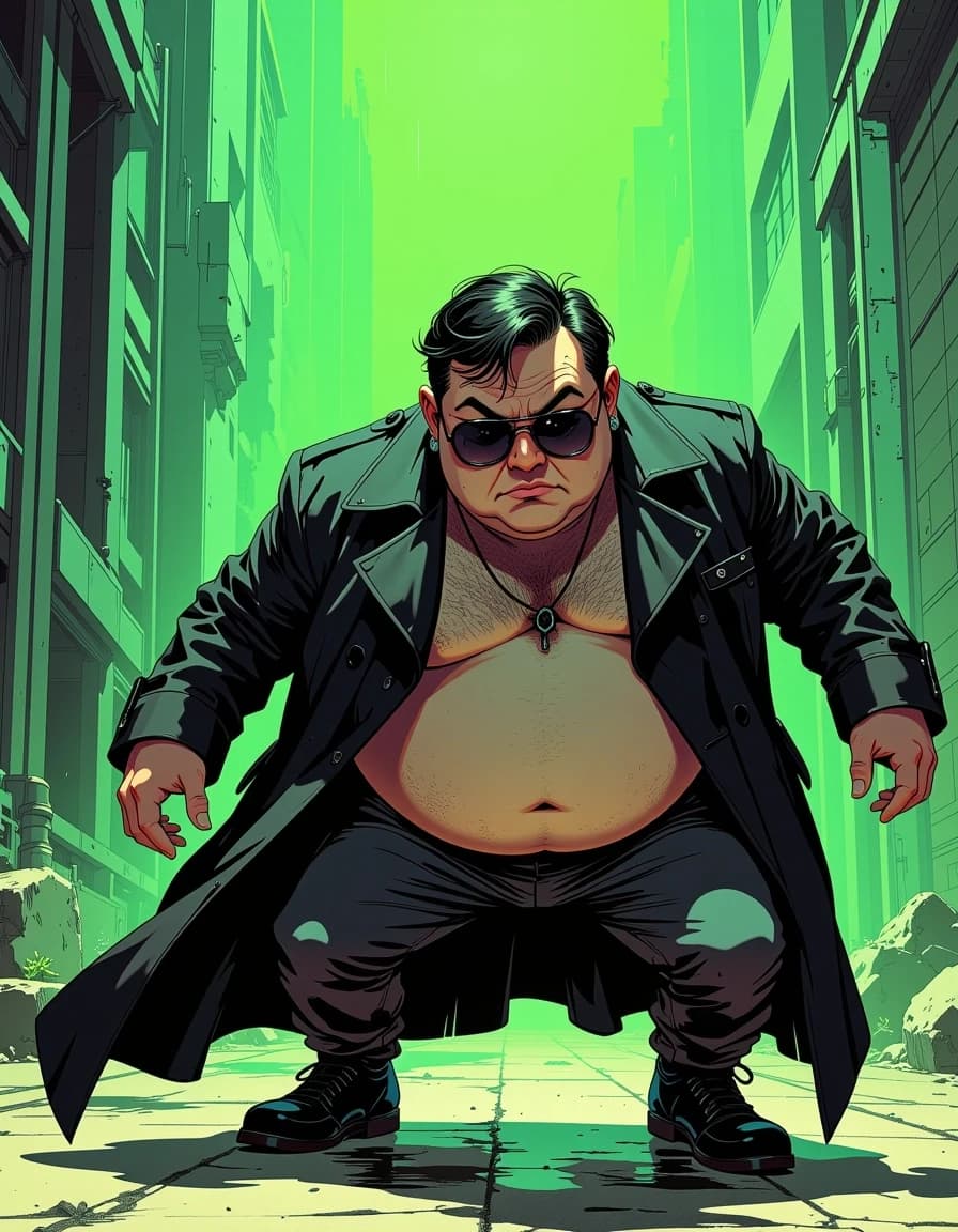 A masterpiece, in the style of the 1980s, with bold lines, dynamic strokes and rich textures, on background with a touch of nostalgia, perhaps with subtle drawings inspired by cellulose and vintage, worn textures similar to paper, oil painting, epic generic sci-fi action movie poster, tiny scrawny short character wearing an oversized long black trench coat dragging on the ground, oversized round sunglasses sliding down his nose, comically crossed eyes visible behind sunglasses, round bulging belly stretching underneath the coat, awkwardly stumbling instead of a stylish dodge pose, digital green code rain effect in background, cinematic dramatic lighting, absurd comedic exaggeration, caricature style, blockbuster poster style, ultra detailed, 8k, sharp focus, original character design, celshading, simple background