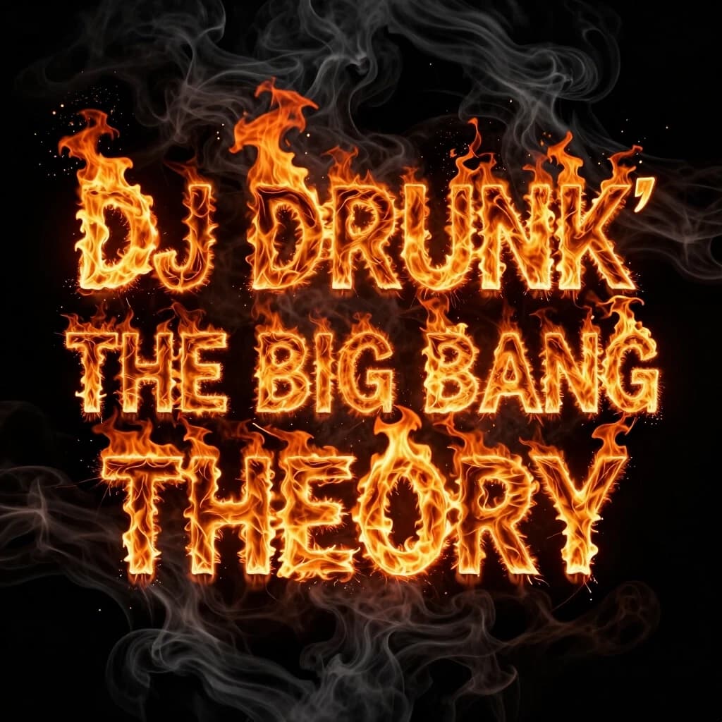 Trendy 2026 EDM album cover. Pitch-black void background with thick, heavy pitch-black rolling smoke. In the center, a text on three lines: line 1 "DJ DRUNK'", line 2 "THE BIG BANG", line 3 "THEORY". The text is made entirely of real dynamic fire and furious glowing plasma. Each letter is physically shaped by raging, fast-moving orange and yellow flames, explosive sparks, and intense kinetic heat distortion. No solid font geometric edges, the text is pure burning energy cutting through the surrounding black smoke with a hellish glow. Cinematic action style, 8k resolution --ar 1:1 --v 6.0 --style raw