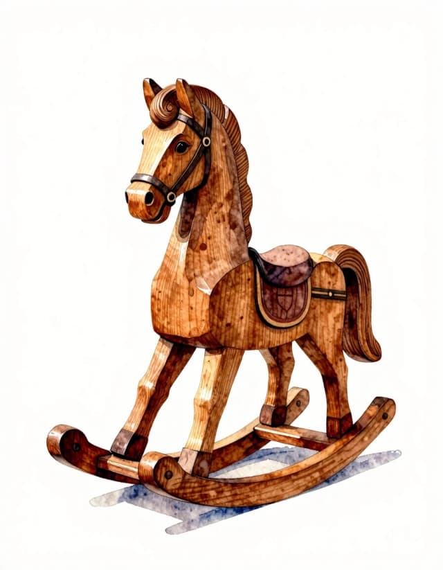 A masterpiece. Creating an image. The style is watercolor painting. Delicate watercolor on raw, on paper.((Wooden carved rocking horse:1.6)). High resolution. High detail and clear texture. Intense close-up. High quality. Increased attention to small details. The aspect ratio is 3:4. Artists - Levitan, Shishkin.u