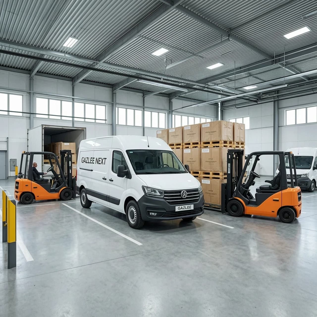 White GAZelle NEXT delivery vans parked inside a city distribution hub. Electric forklift moves pallets from truck to van. Medium shot.