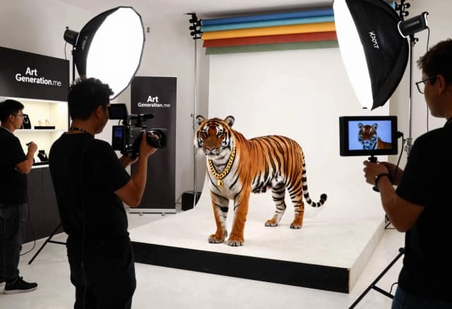 Ultra realistic behind-the-scenes studio photoshoot scene, a majestic tiger as the main model standing calmly on a large studio platform, wearing a large luxury gold chain necklace around its neck, the gold chain is clearly visible and premium, professional photographers and crew around the tiger, one photographer holding a cinema camera, large softbox lights, C-stands, reflectors, cables, monitor screen showing the tiger close-up, luxury jewelry commercial setup, realistic studio environment, cinematic documentary BTS style, The studio is designed as a branded interior with logos and banners for “Art Generation.me”; merchandise with the “ArtGeneration.me” logo is present throughout the studio and on the clothing,
wide angle 24mm lens, natural behind-the-scenes lighting, high detail, photorealistic, ARRI Alexa look, shallow depth of field, no cartoon, no fantasy, no text