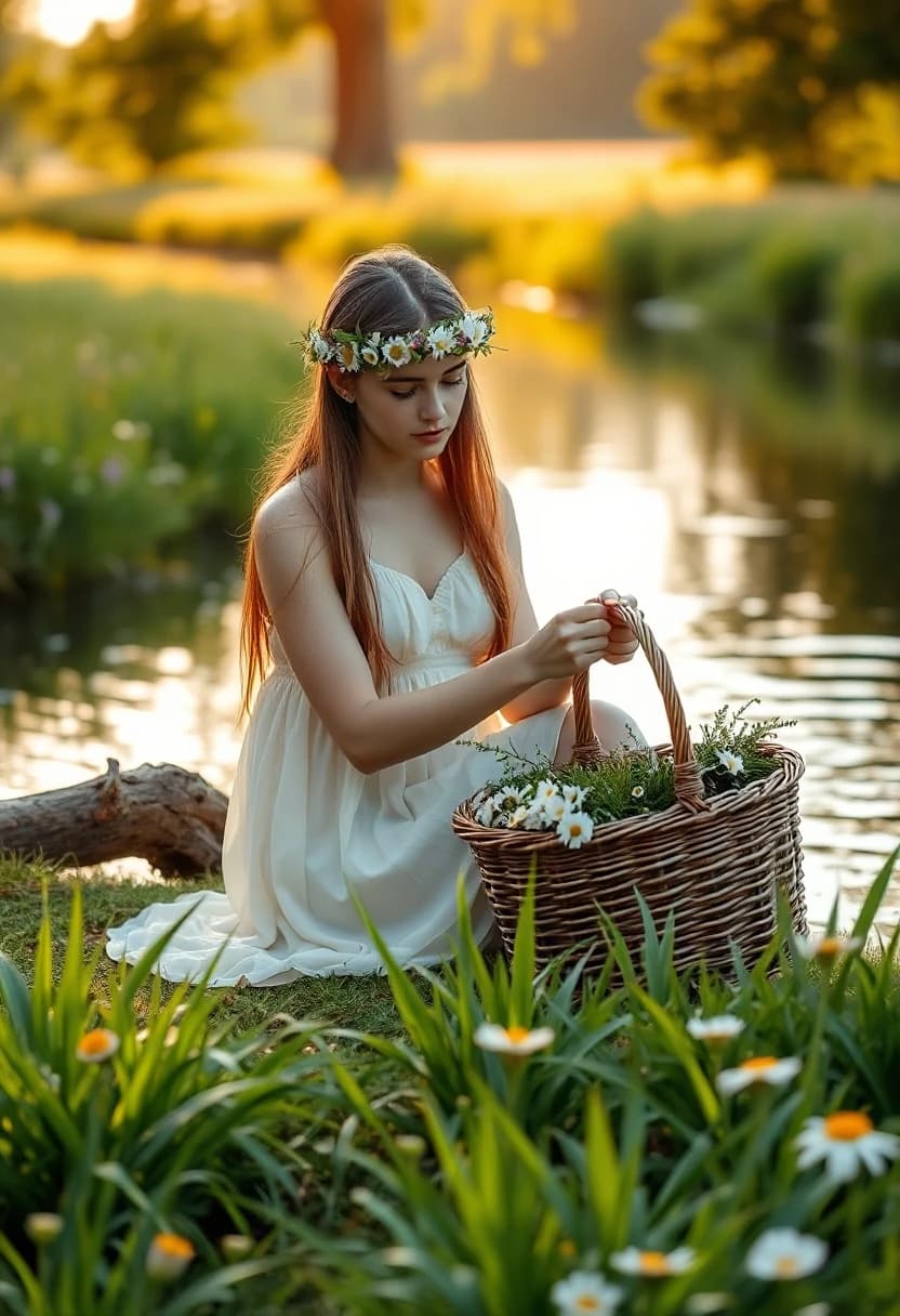 A young woman sits on the bank of a quiet summer river surrounded by tall green grass, weaving a flower crown from wild daisies. A beautiful wicker basket filled with white daisies and greenery rests beside her. She wears a flowing light-colored dress, her long hair gently moving in the breeze. Warm evening light reflects on the water, with trees and a flowering meadow in the distance. Romantic golden-hour atmosphere, glowing sunlight, peaceful summer feeling. Photorealistic photography, highly detailed, soft natural lighting, vertical format.