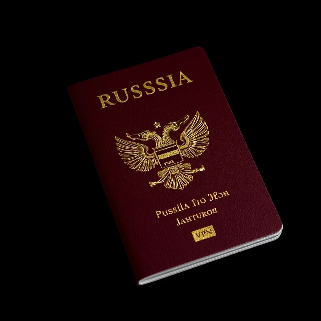 Российский загранпаспорт на абсолютно черном фоне, темно-бордовая обложка с золотым двуглавым орлом и надписью "Просто включил VPN", тиснение, студийное освещение, блики, макросъемка, высокое разрешение, фотореализм.