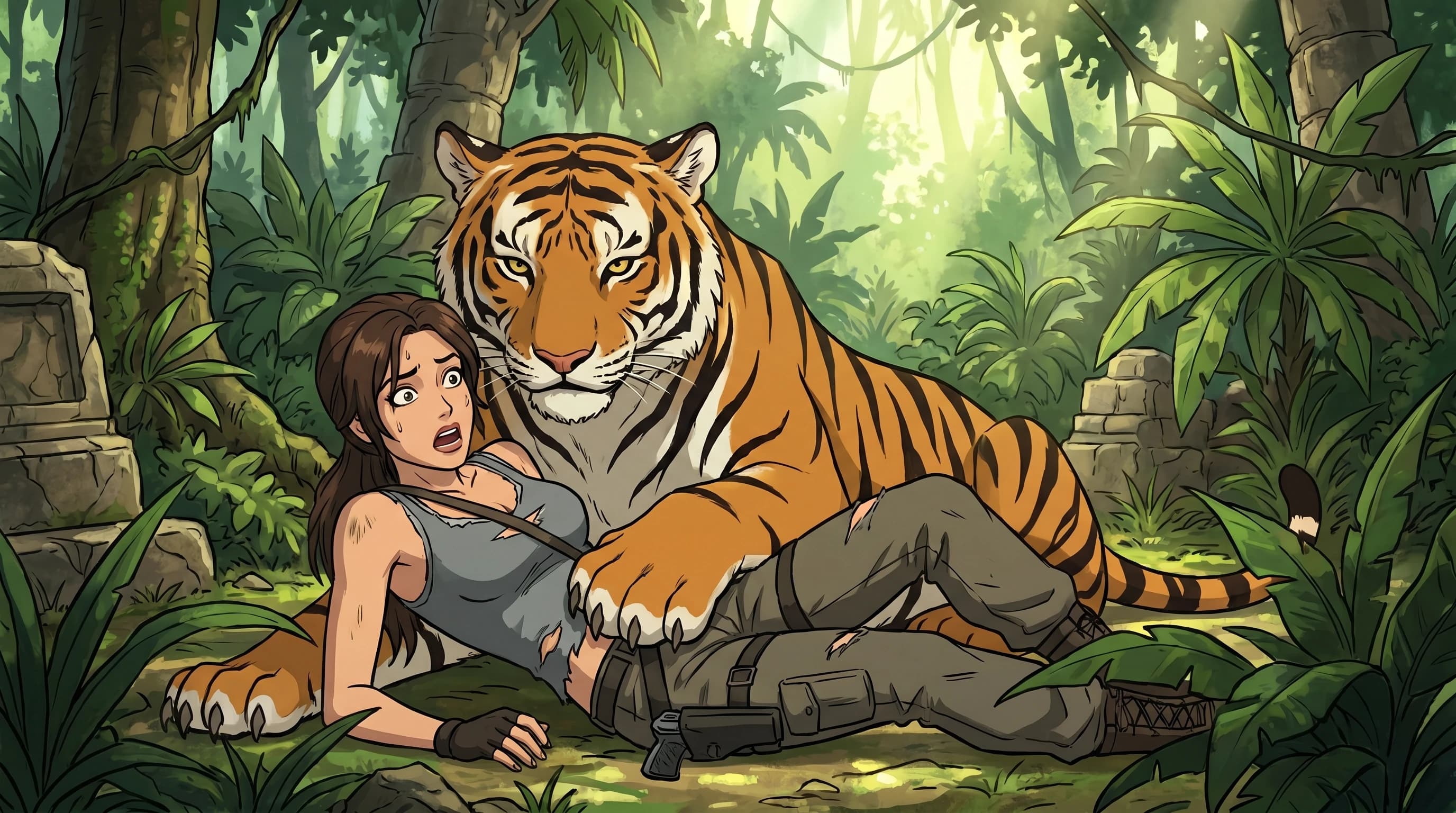 Tomb Rider (game 2013), Лара Крофт с большой грудью с глубоким декольте и широкими бёдрами, лежит под серьёзным тигром, тигр наступил на грудь Лары Крофт, напуганный взгляд, в джунглях, стиль аниме