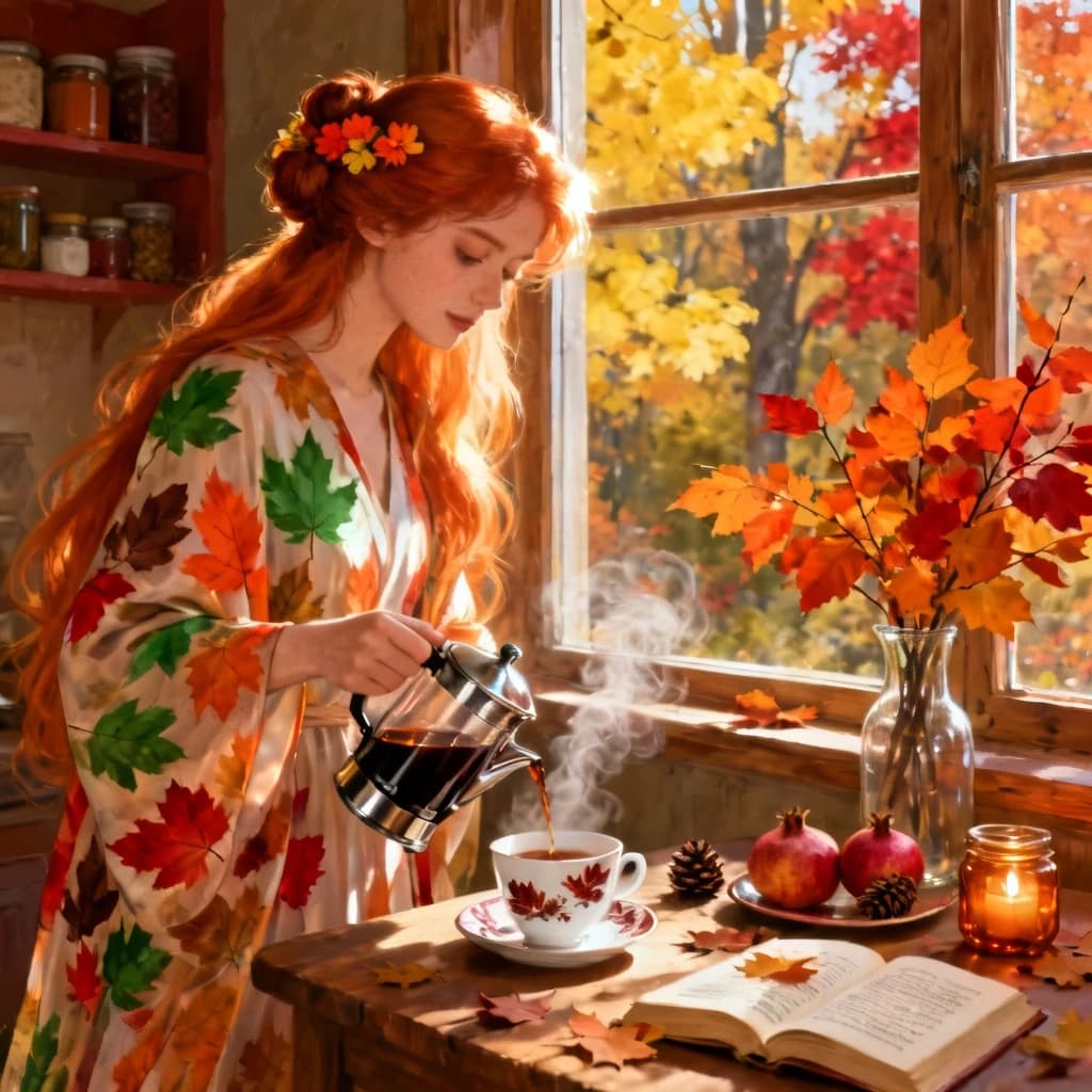 A painterly, detailed depiction of a young woman with long, flowing reddish-orange hair in an updo adorned with small orange and yellow flowers, wearing a flowing robe with large autumnal leaf patterns in shades of green, orange, red, and brown, standing by a sunlit wooden window overlooking a vibrant autumn scene with trees displaying yellow, orange, and red leaves. She is pouring dark liquid from a glass and stainless steel French press into a white teacup with delicate reddish-brown floral patterns, which rests on a matching saucer on a wooden table. Wisps of steam rise from the cup. On the table, to the right of the cup, is an open book with visible text, scattered autumn leaves, a small plate with two pomegranates and a pinecone, and a glowing amber candle in a glass jar. A clear glass vase filled with branches of bright orange and red autumn leaves sits near the window frame. The background features warm-toned shelves with various containers and jars, suggesting a cozy, rustic interior. Sunlight streams in from the window, highlighting her hair and the steam from the cup, creating a warm, inviting atmosphere.